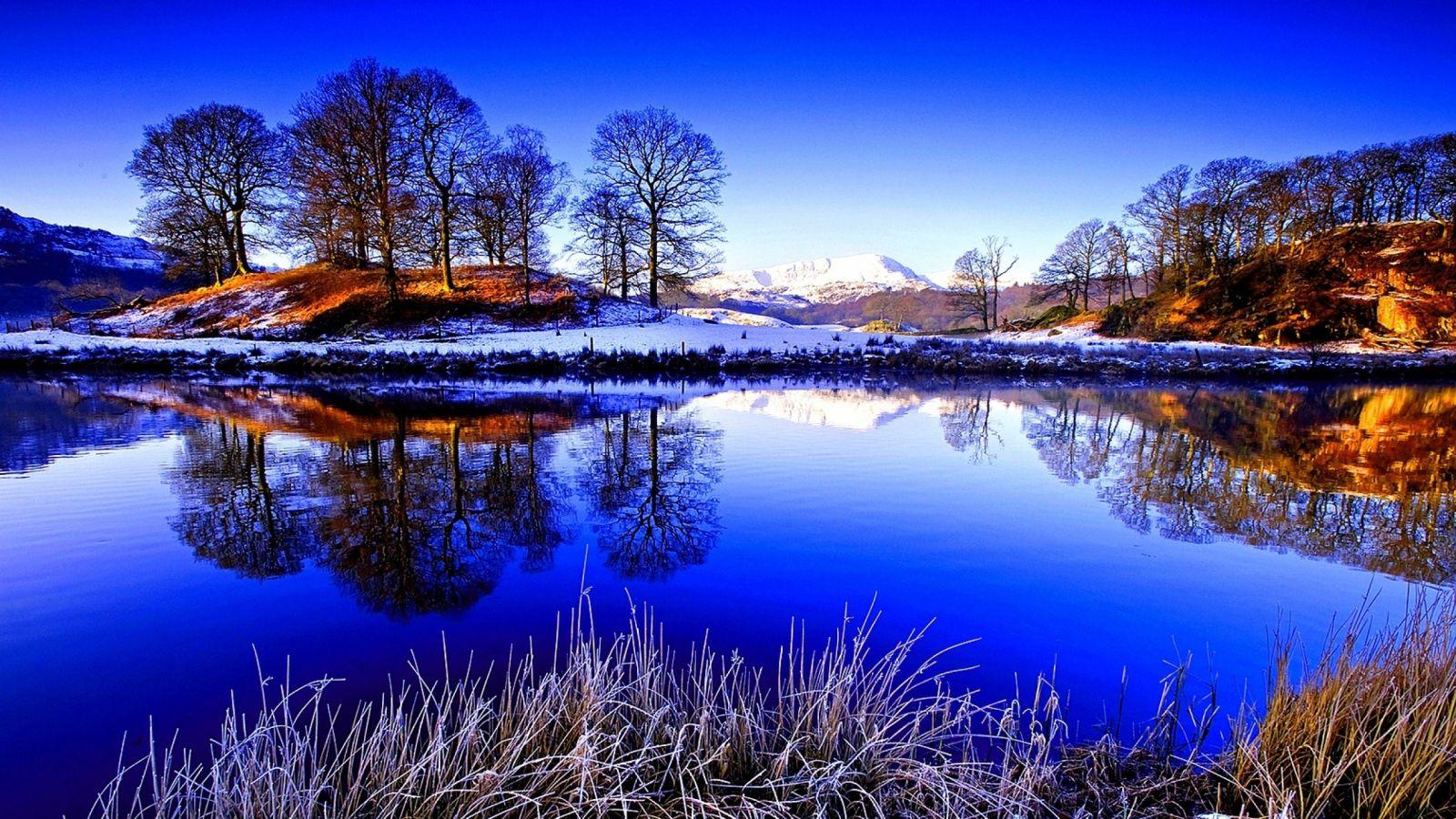 1600x900 Grass Lake Snow Winter HD