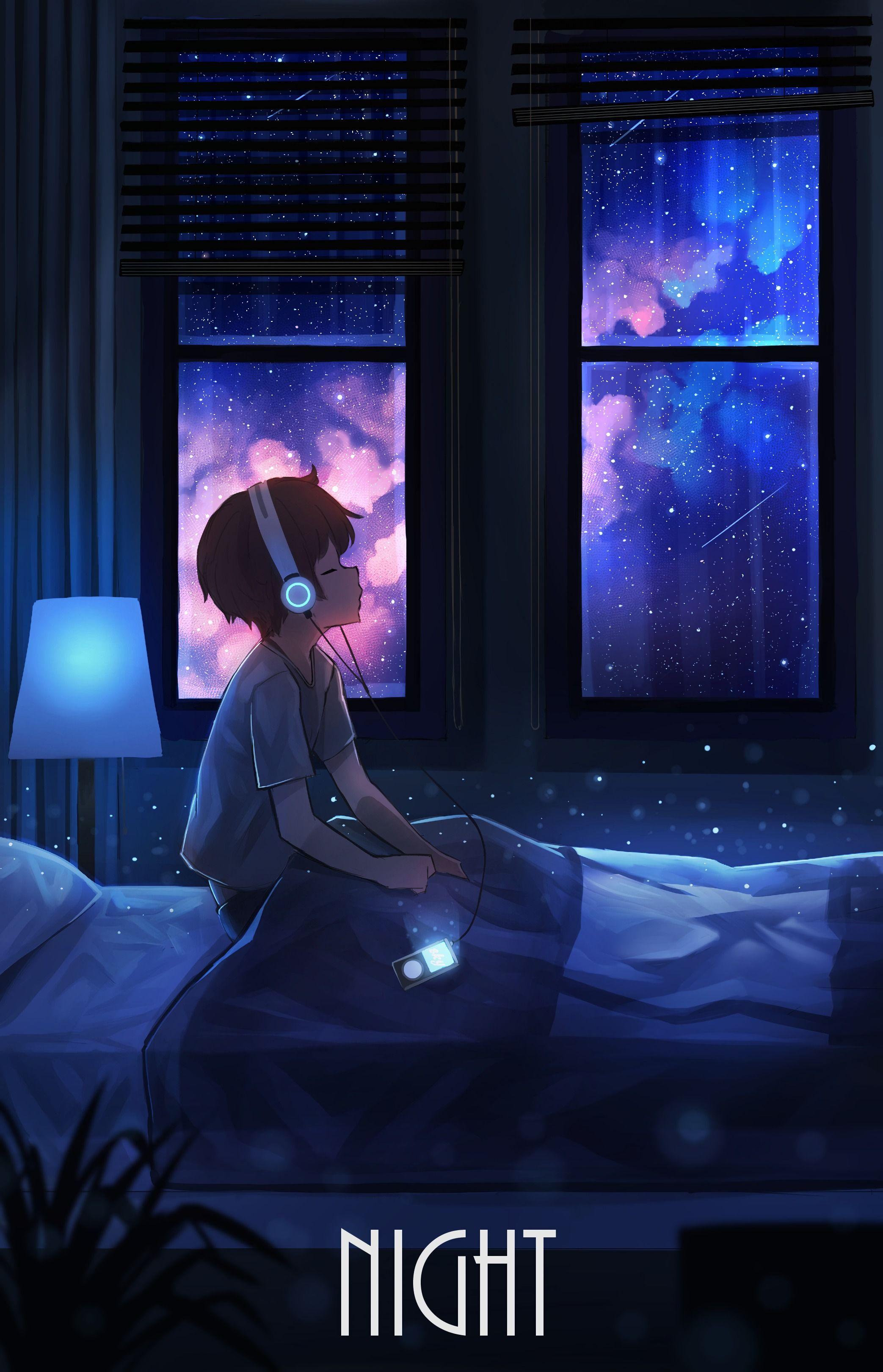 2086x3240 Download wallpaper 2086x3240 boy, night, headphones, starry sky, art HD background