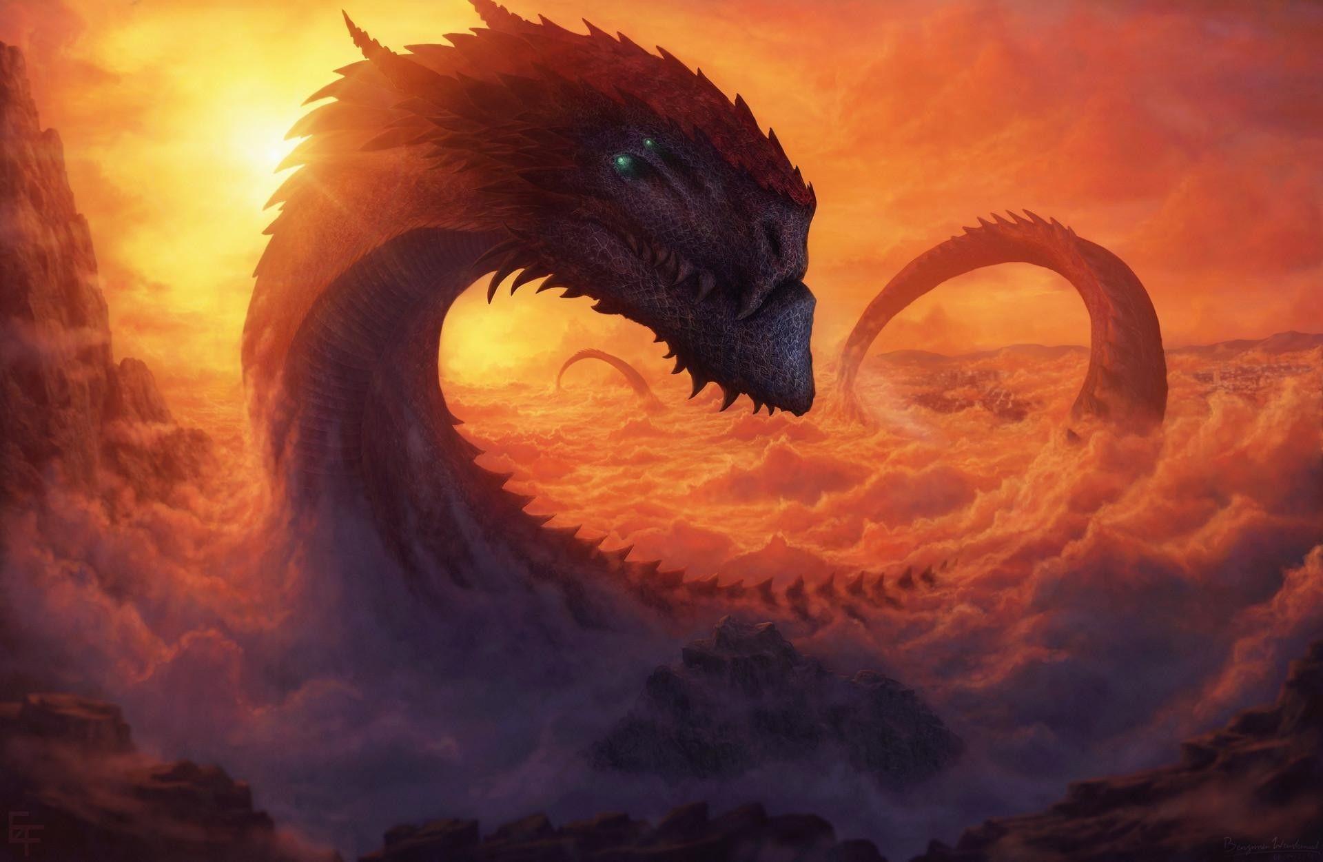 1920x1251 Dragon, fantasy art, clouds, sky, sun wallpaper