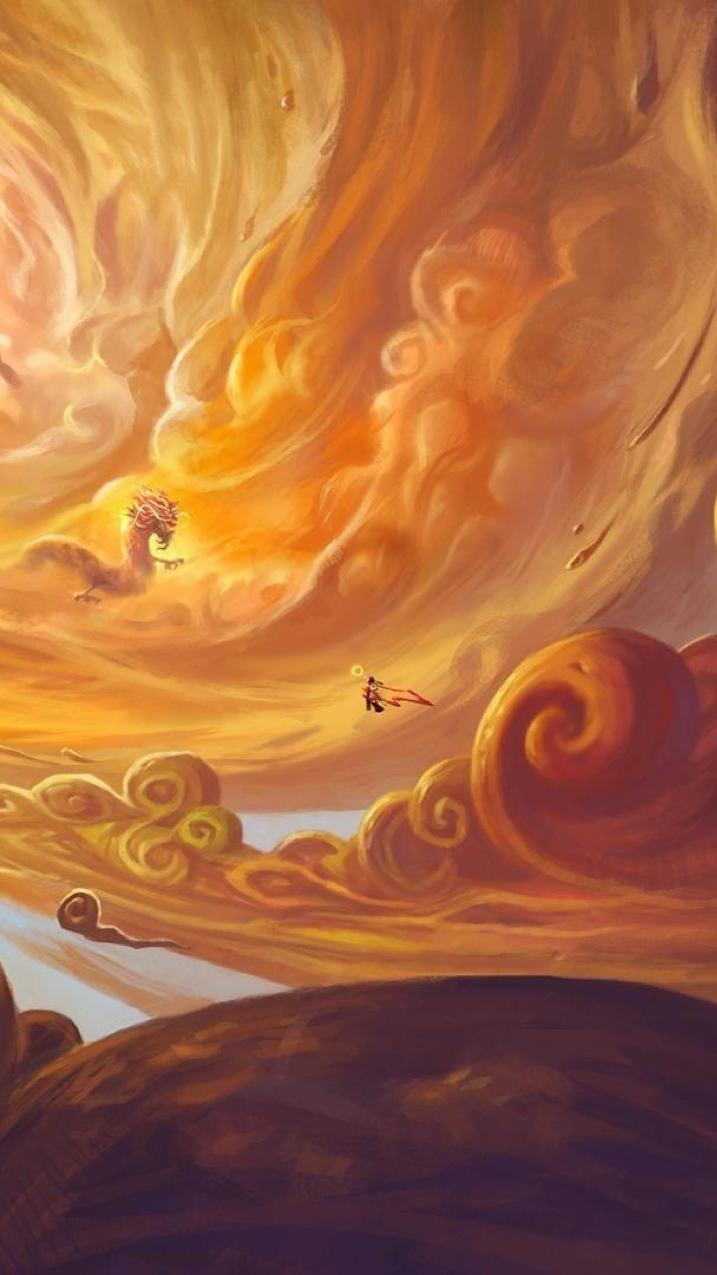 1440x2560 Sky Dragon among the orange clouds Dragon Artistic Cloud HD