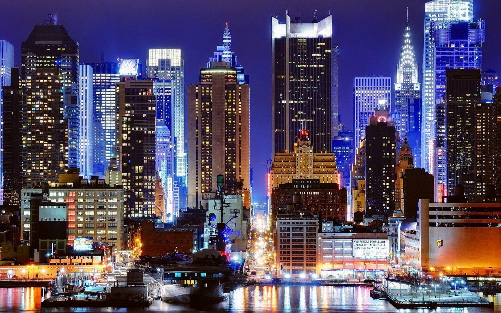 1920x1200 Cityscapes night new york city harbour .