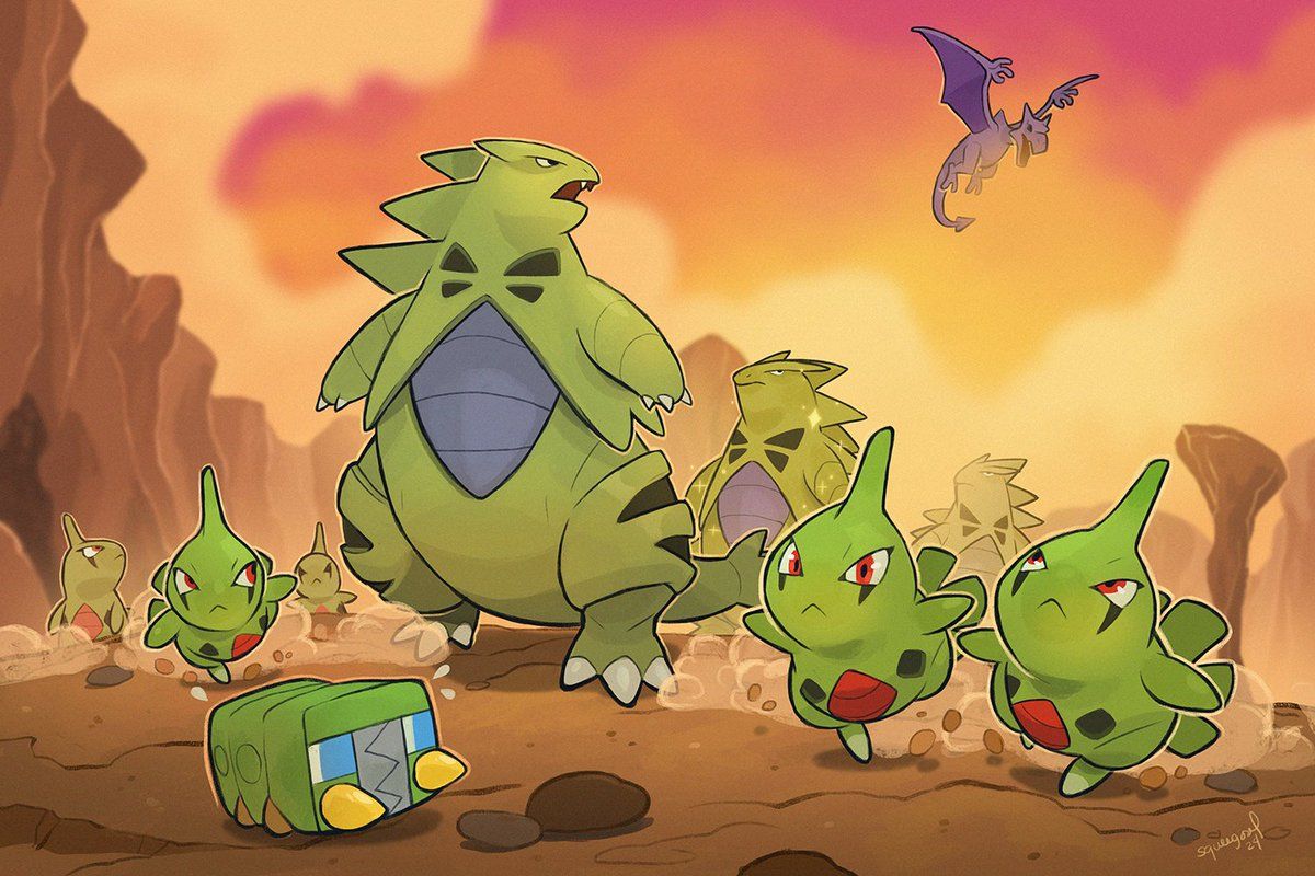 1200x800 last Pokemon wild life illustration before this year ends. let's give it to Tyranitars! #pokemon #Tyranitar #larvitar #aerodactyl #charjabug