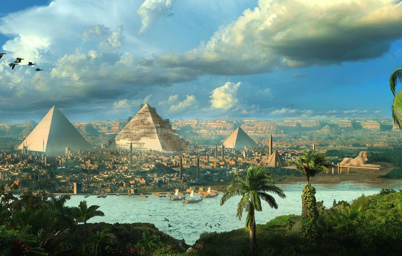 1332x850 Wallpaper birds, the city, palm trees, pyramid, Egypt image for desktop, section рендеринг