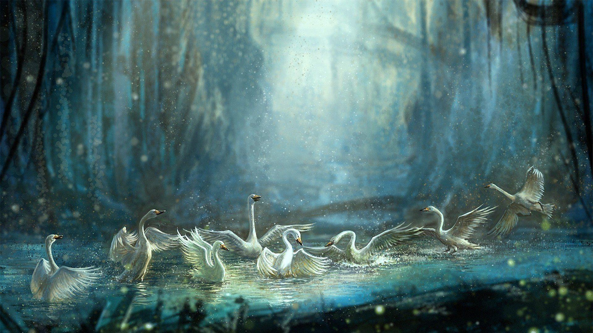 1920x1080 painting, Water, Swans, Wood, Spray .