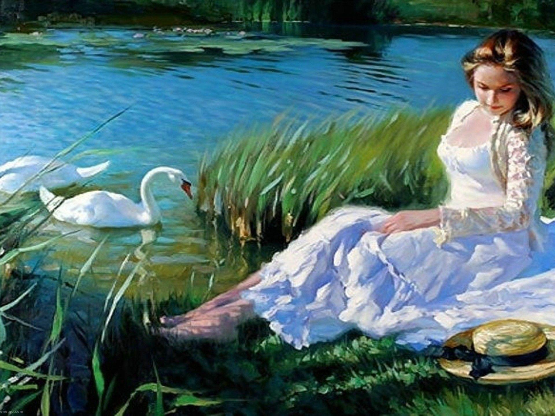 1920x1440 Girl And Swans Wallpaper Art .