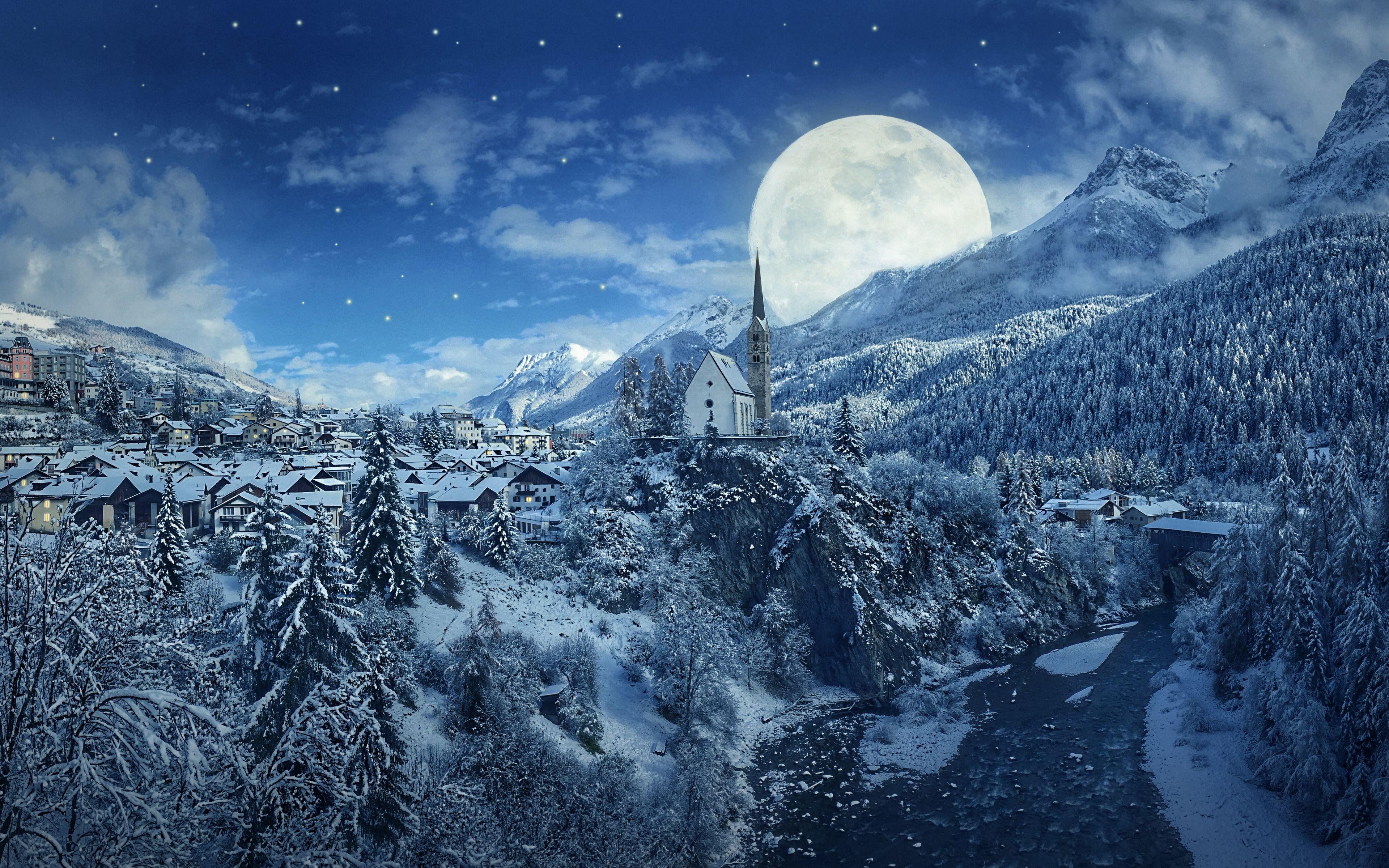 3840x2400 Winter Night Snow Mountains And Moon HD Wallpaper Moon HD Wallpaper