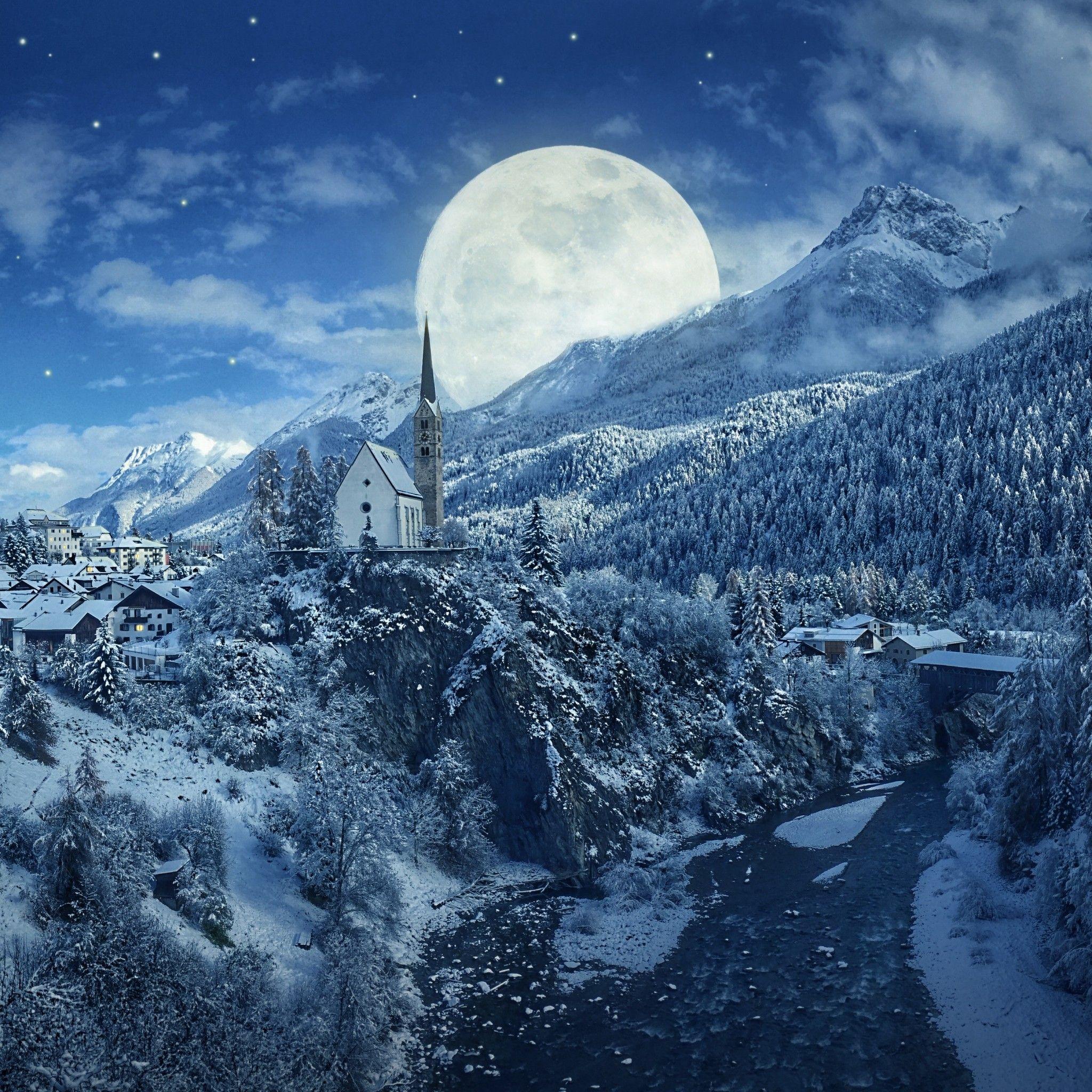 2048x2048 Winter 4K Wallpaper, Moon, Frozen .