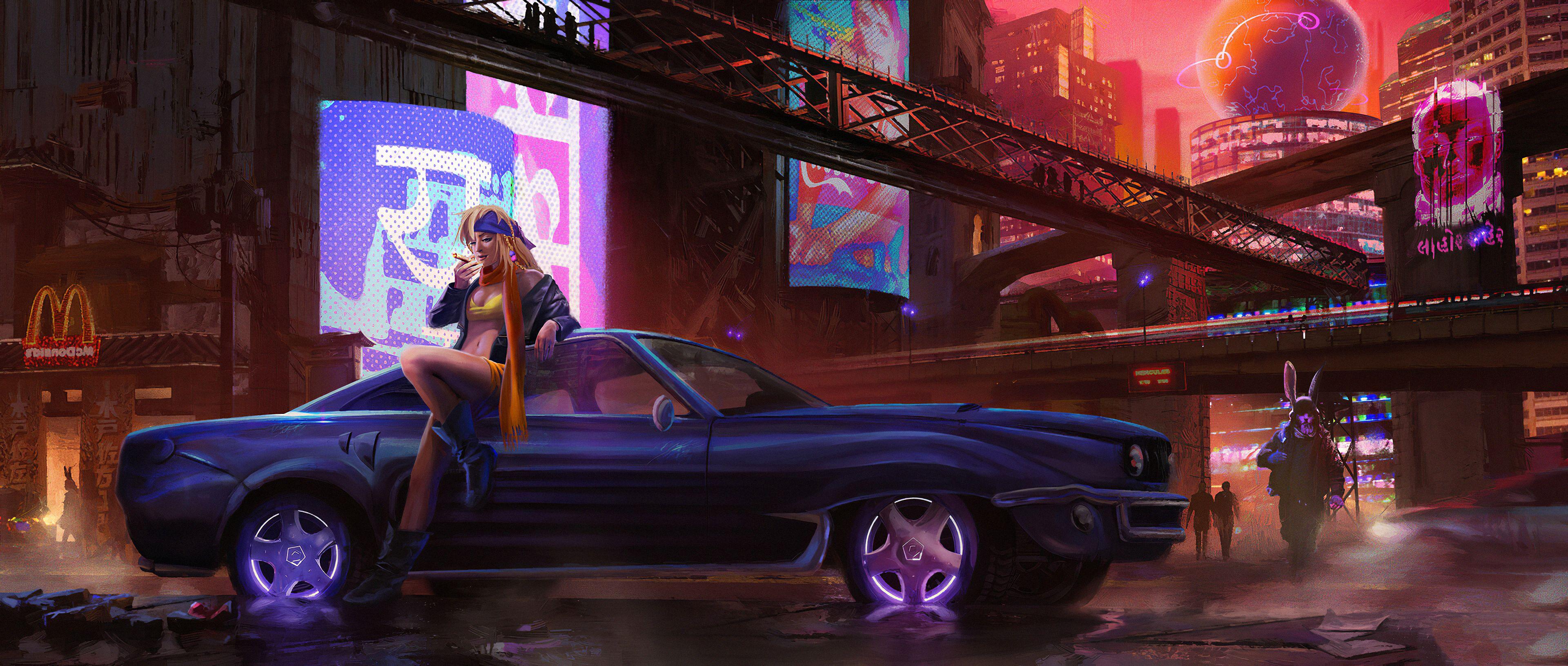 3840x1630 Cyber City Girl With Car, HD Artist, 4k .
