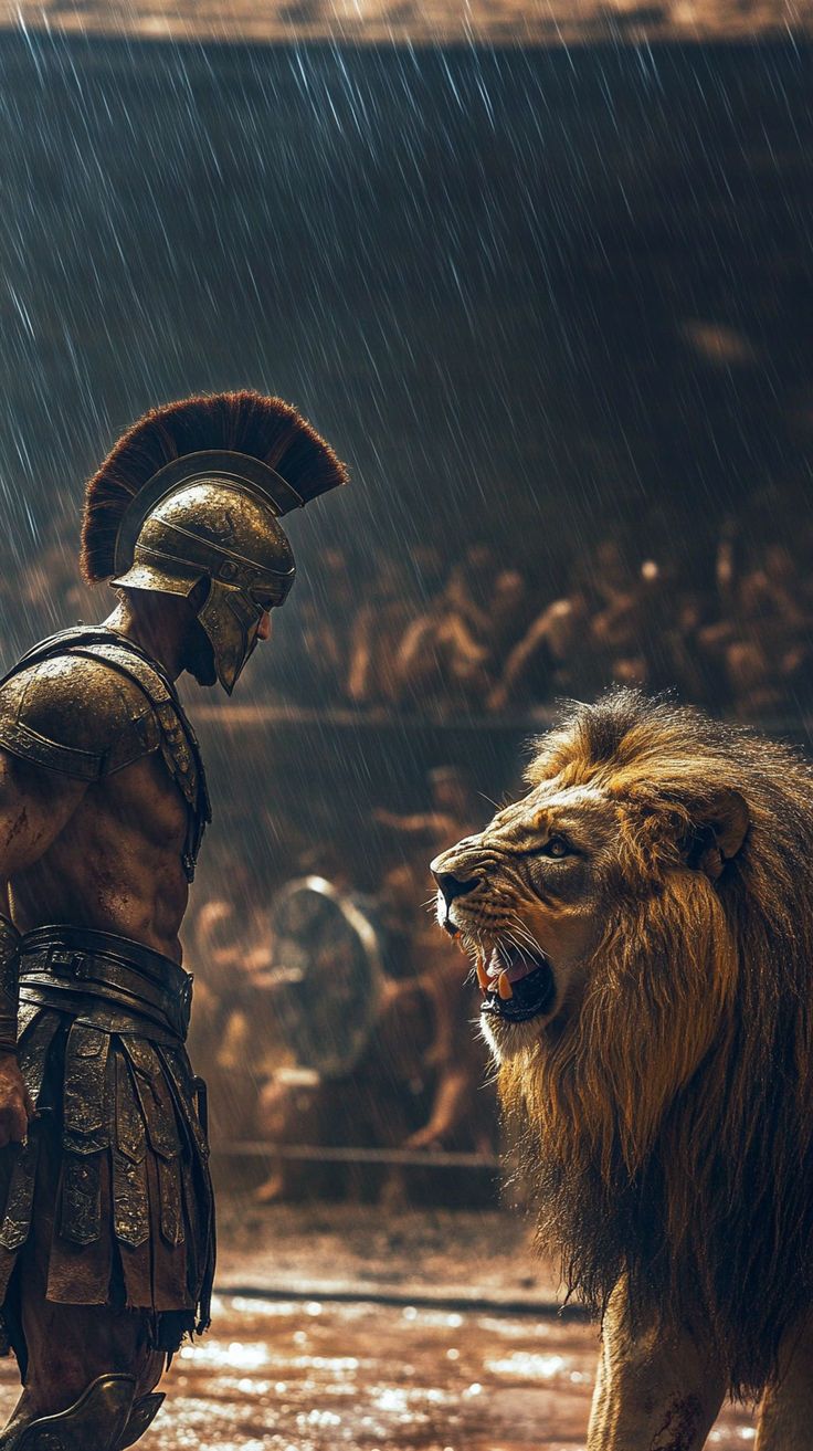 736x1313 Spartan Warrior facing a lion
