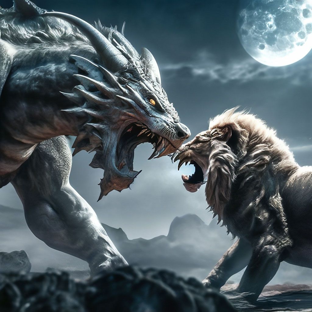 1024x1024 A dragon and a mighty lion fight against the background of a full moon
