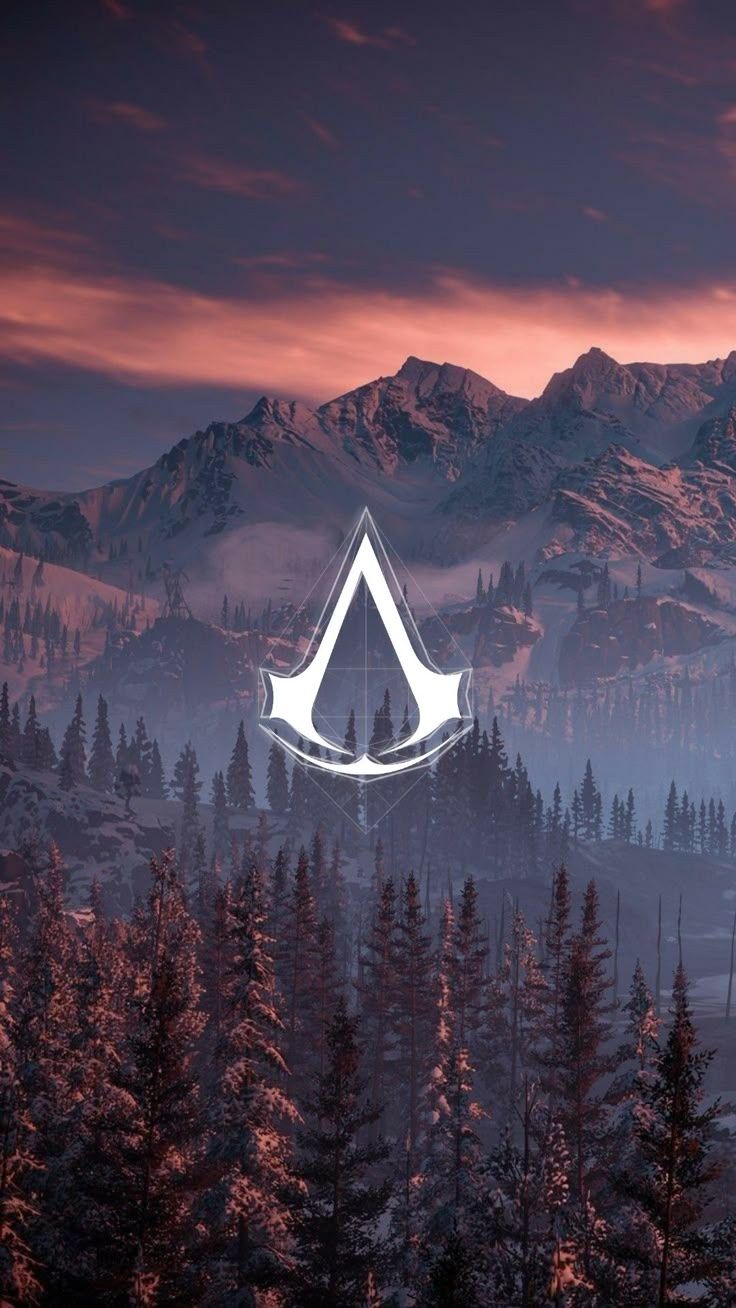 736x1308 Assassin's creed logo forest mountain wallpaper