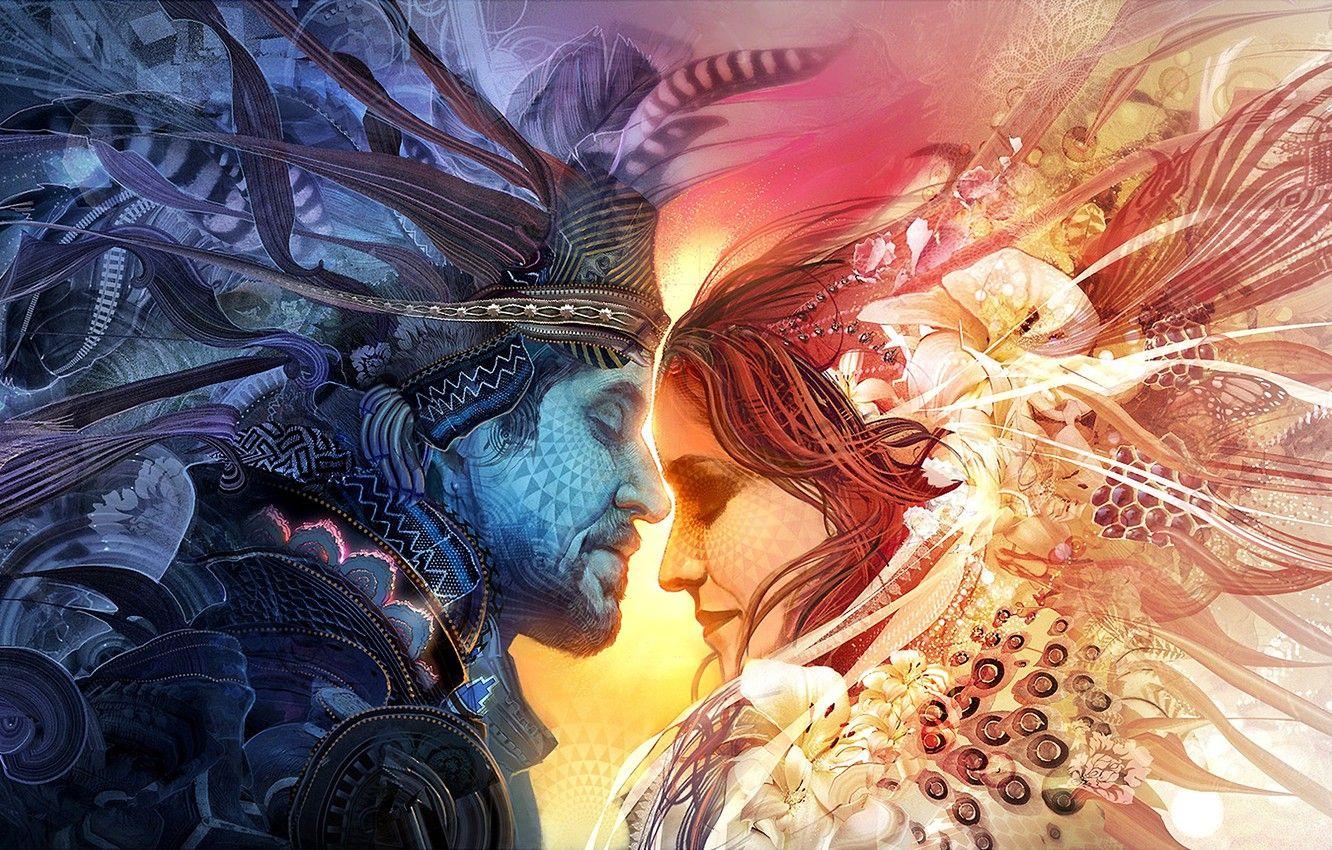 1332x850 Wallpaper colors, colorful, girl, love, woman, texture, man, boy, mood, couple, rendering, digital art, artwork, feeling, Psychedelic, abstarct image for desktop, section рендеринг