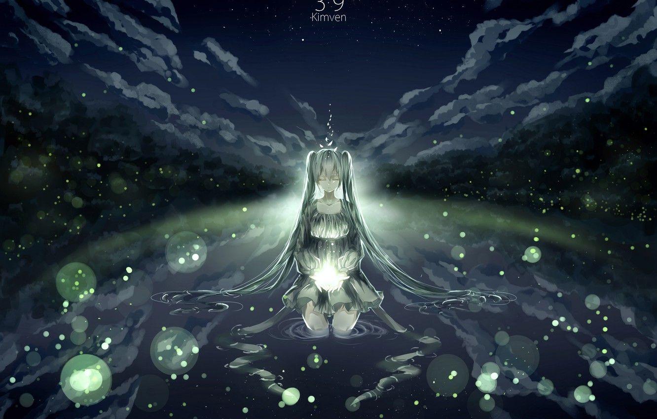 1332x850 Wallpaper the sky, water, girl, clouds, nature, fireflies, anime, art, vocaloid, hatsune miku, kimven image for desktop, section сэйнэн