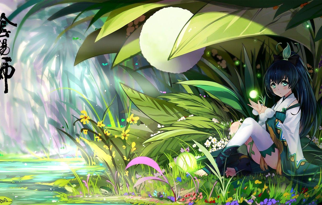 1332x850 Wallpaper grass, girl, flowers .anime.