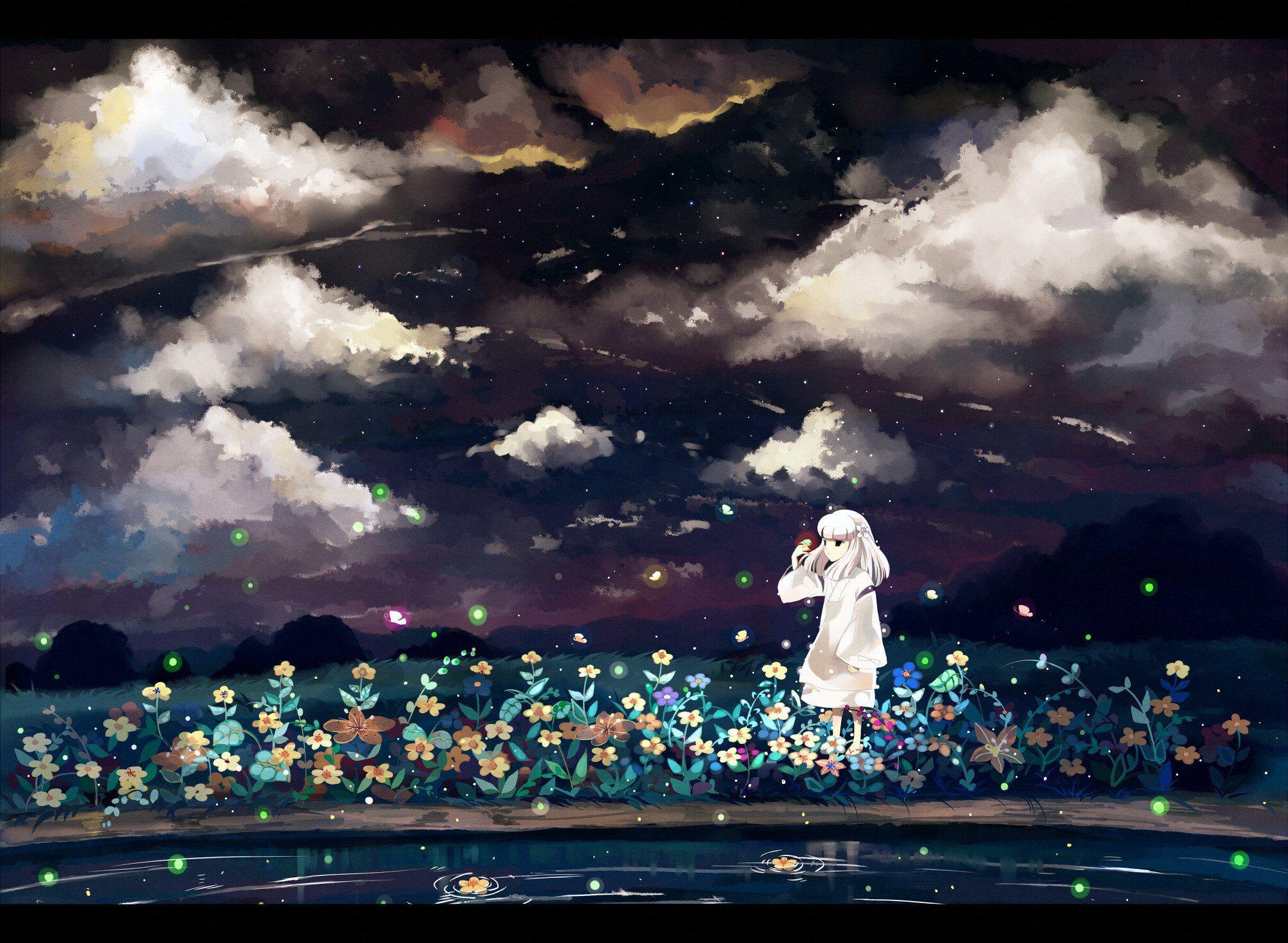 2000x1464 Fireflies pond Art Flowers clouds sky .