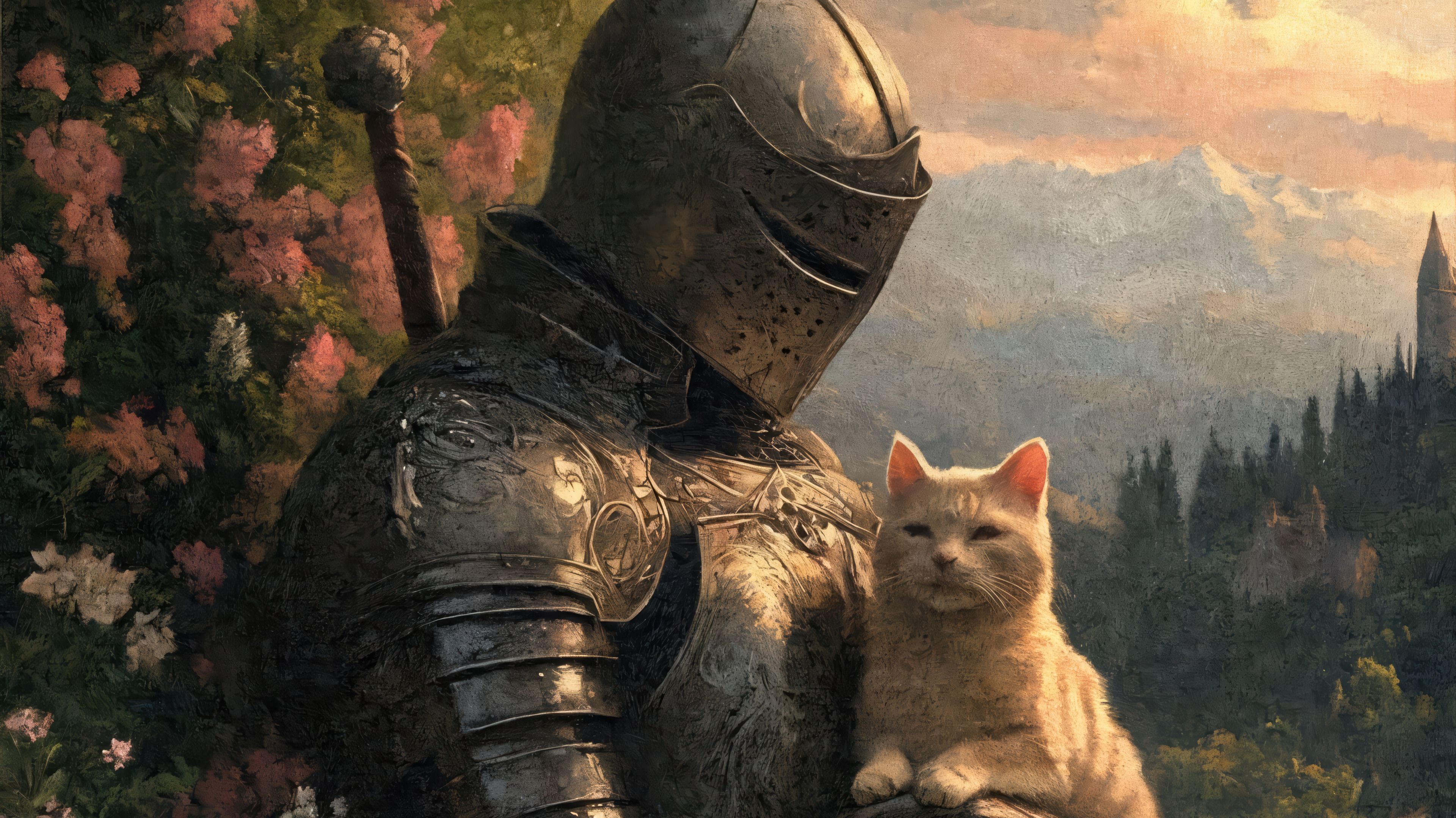 3840x2160 Fantasy Knight Cat Armor Flowers Wallpaper 4K HD PC f