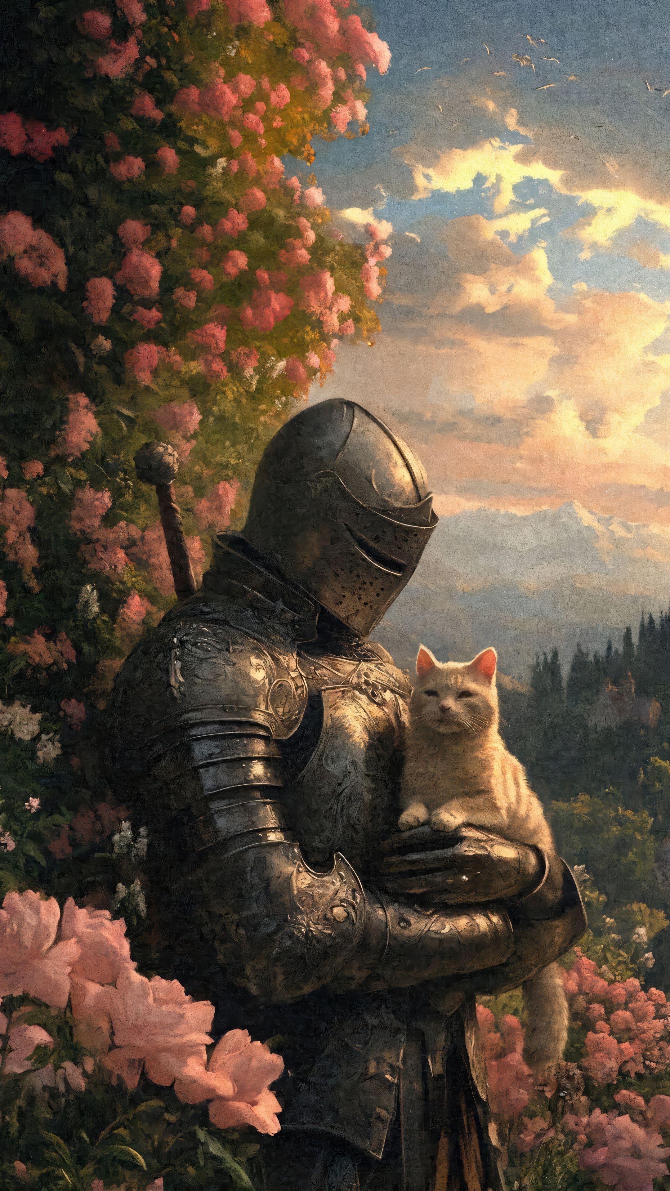 2160x3840 Fantasy Knight Cat Armor Flowers Wallpaper 4K HD PC f