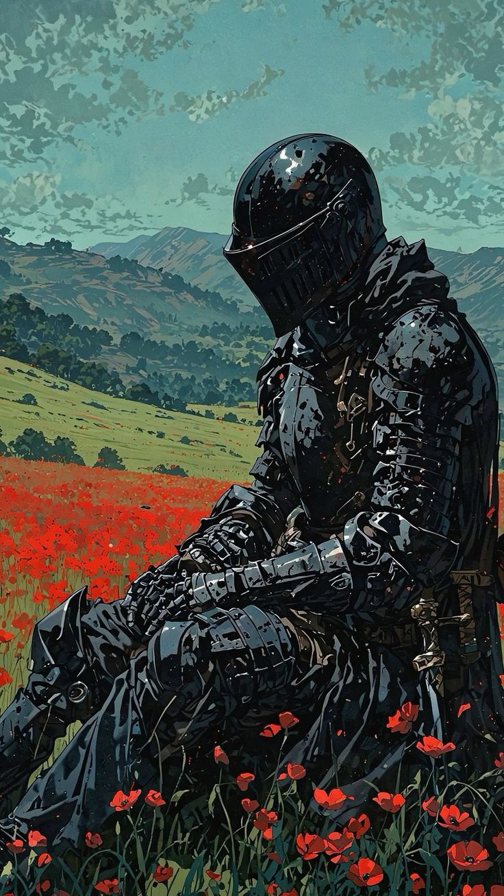 736x1308 Knight in poppy field. Knight in field wallpaper, Knight sitting down wallpaper, Knight lying in