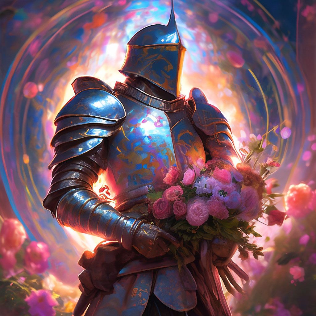 1024x1024 Knight in armor with a bouquet of flowers, a vortex in the style of