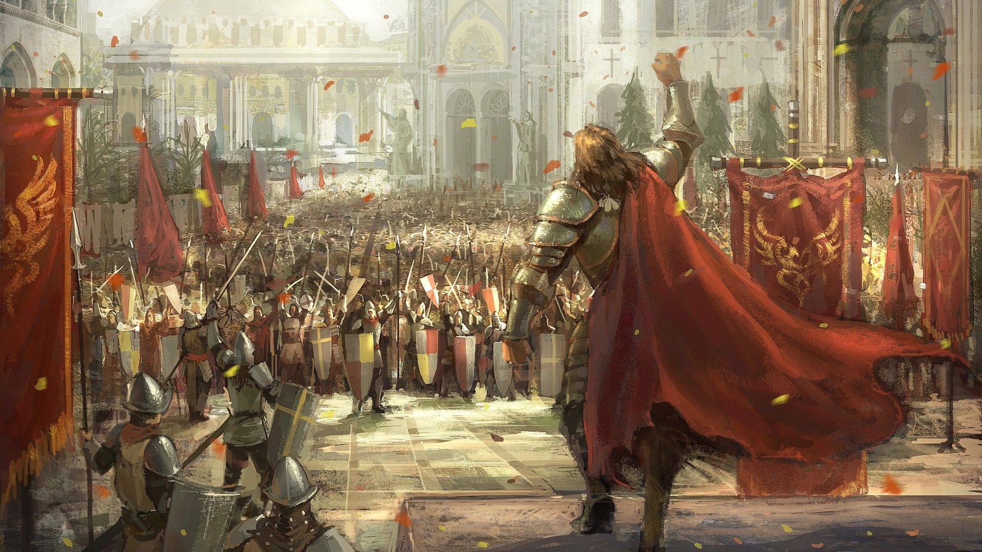 1920x1080 sphira, Linekong, Fantasy, Army, Medieval, Knights, Armor, Flags, Cities, Architecture, People, Petals, Flowers, Mood, Emotion, Fantasy, Warrior, Soldier, Weapons, Sword, Detail, Art Wallpaper HD / Desktop and Mobile Background