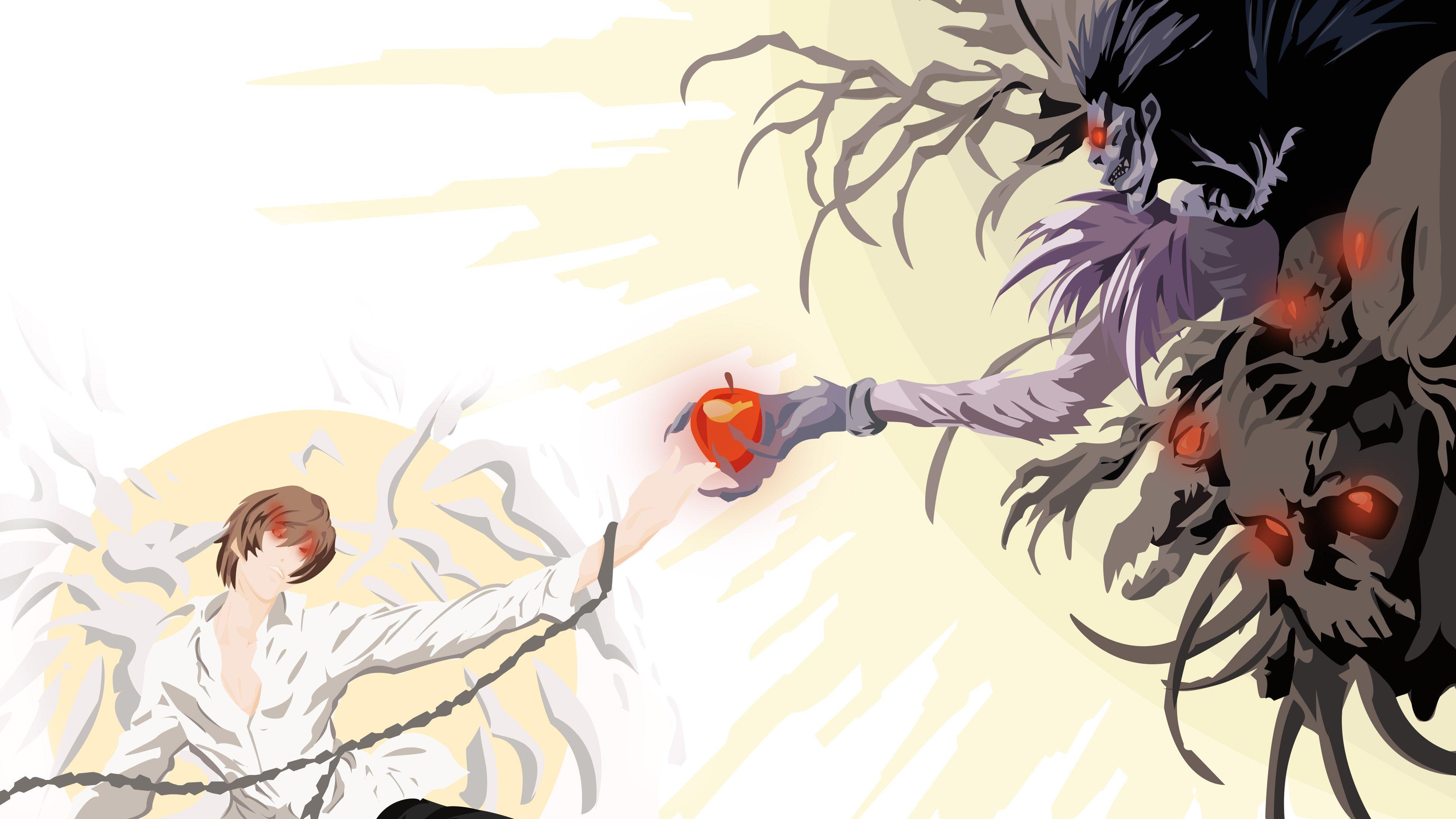 3840x2160 smiley brown hair glowing eyes kira light yagami with handlock and red eyes ryuk with apple death note 4k HD anime Wallpaper
