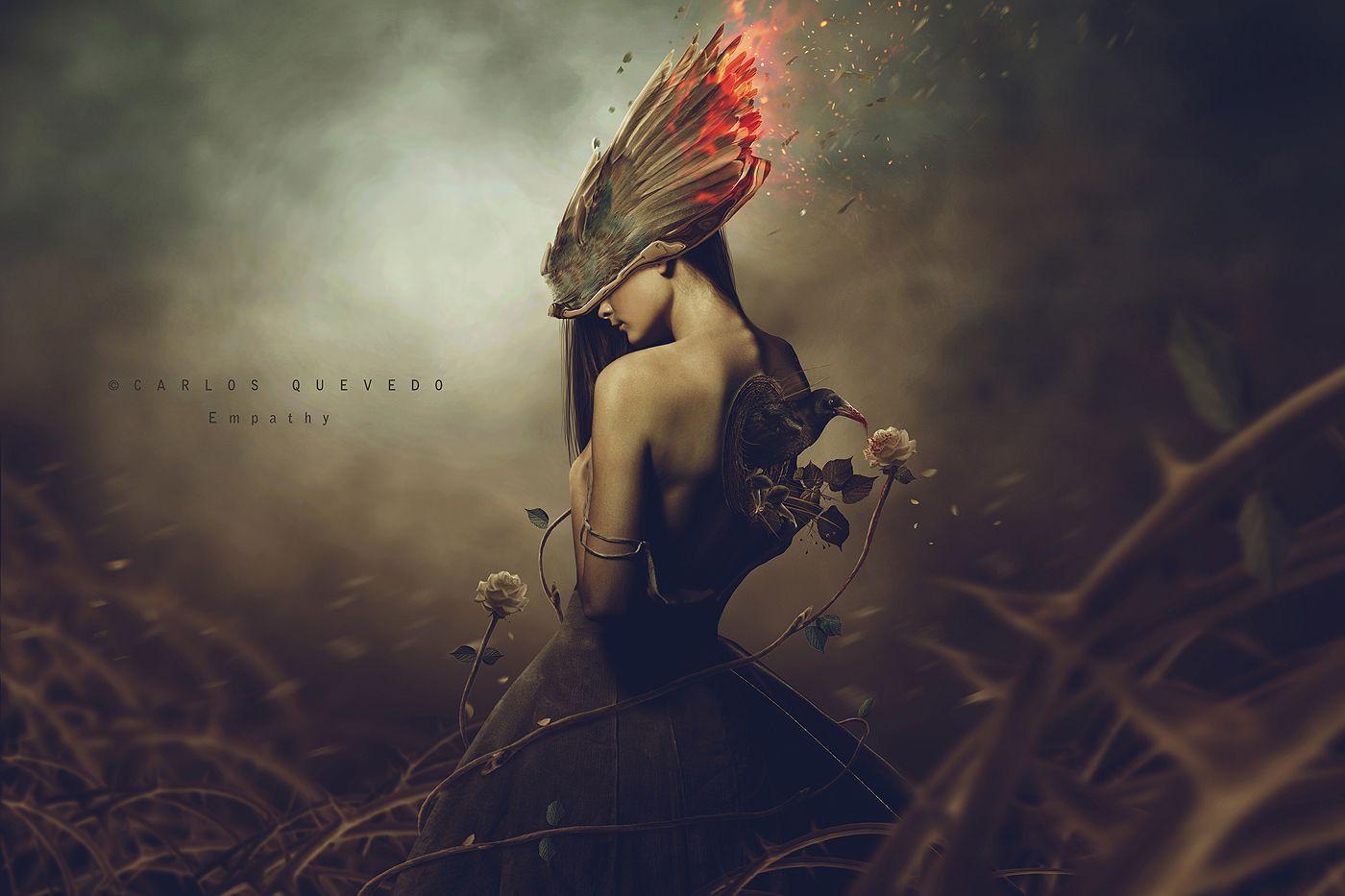 1400x933 digital art, surreal, birds, girl, rose