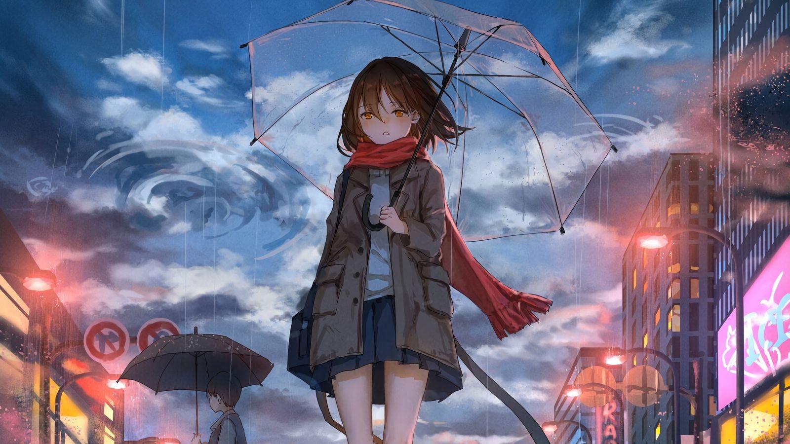 1600x900 Wallpaper Girl, Umbrella, Anime, Rain .
