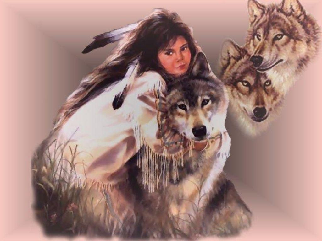 1024x768 Native American Indian Woman And Wolf Wallpaper HD Wallpaper