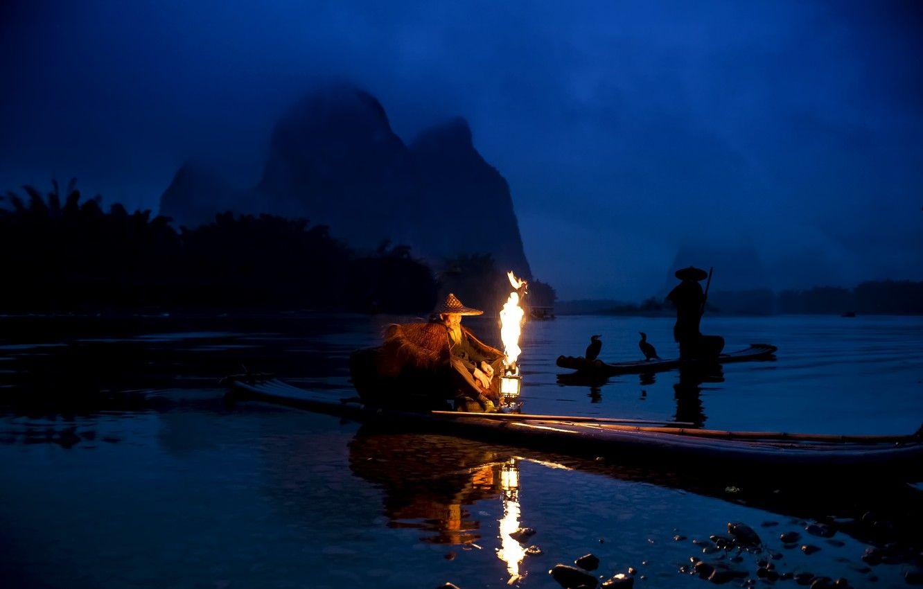 1332x850 Wallpaper night, river, fishing, boats, China, fishermen, cormorants, Yangtze image for desktop, section пейзажи