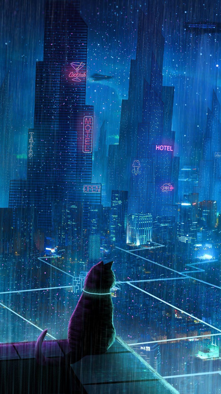 938x1668 Cat, roof, city, neon lights, cyberpunk .