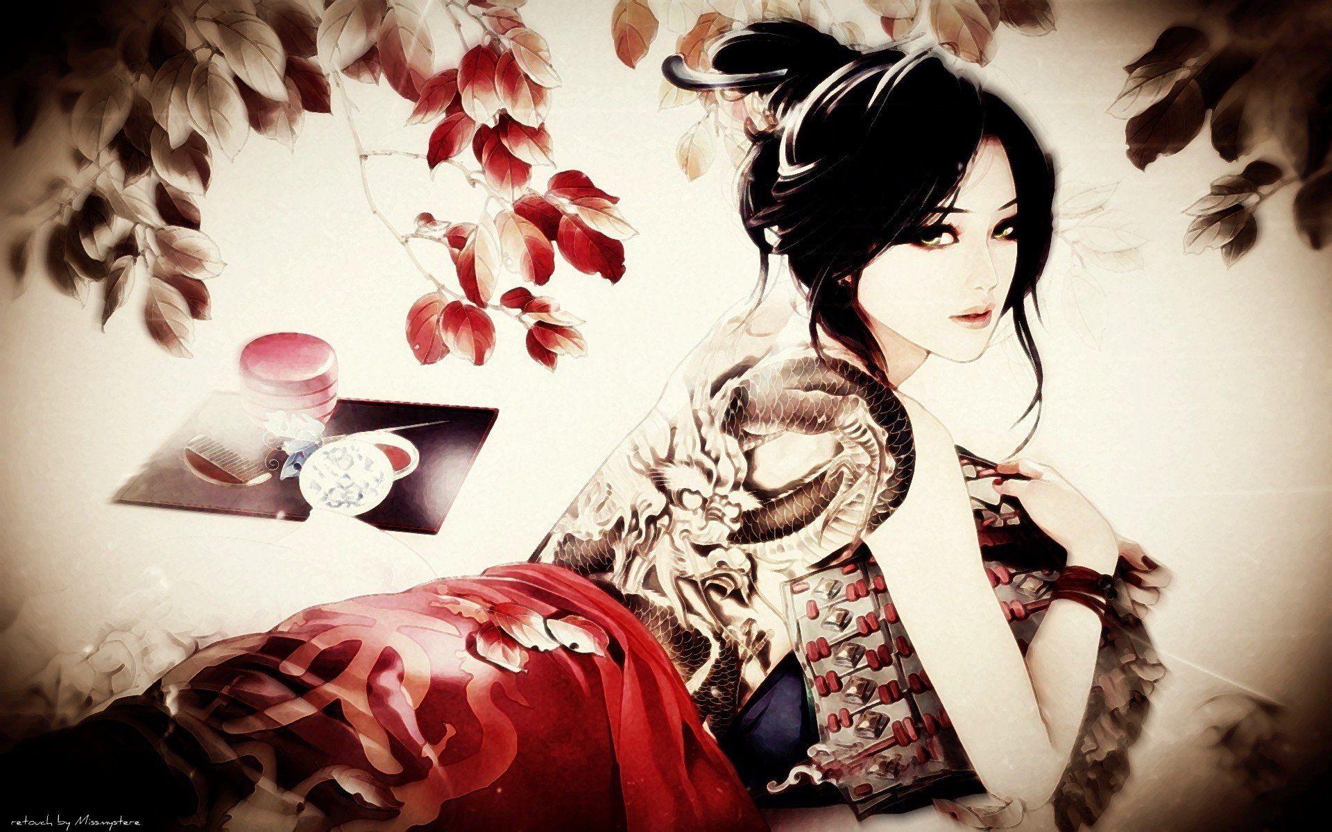 1920x1200 Black Hair Bracelets Branches Dragons Dragon Tattoo Green Eyes