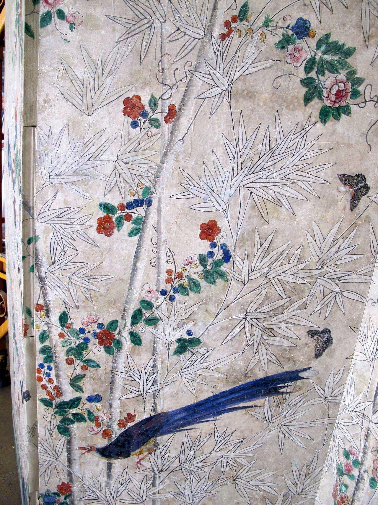 1280x1706 18th Century Chinese Wallpaper Screen with Bamboo and Birds 3