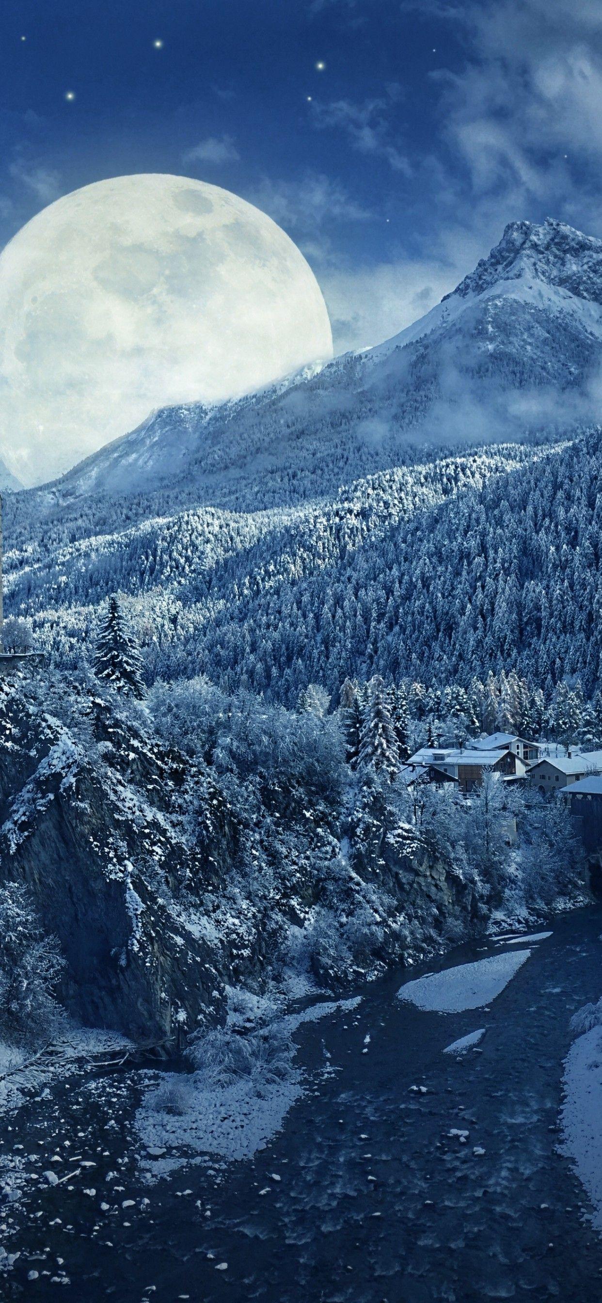 1242x2688 Winter 4K Wallpaper, Moon, Frozen, Forest, Village, Snowfall, 5K, Nature