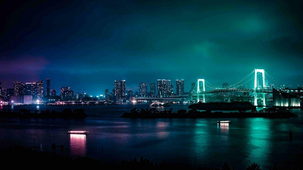 1280x720 Wallpaper minato, japan, night city, bridge hd, picture, image