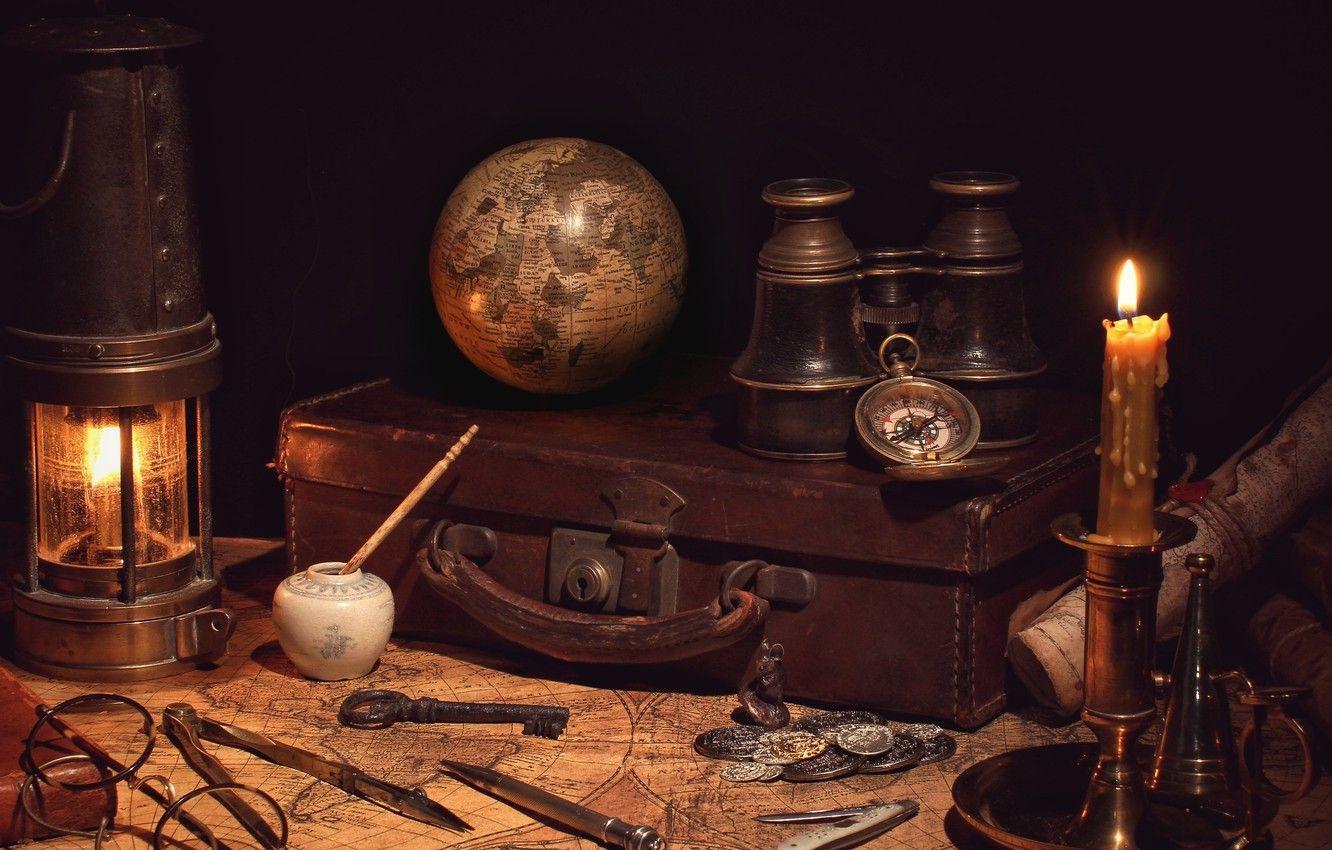 1332x850 Wallpaper retro, map, candle, glasses .