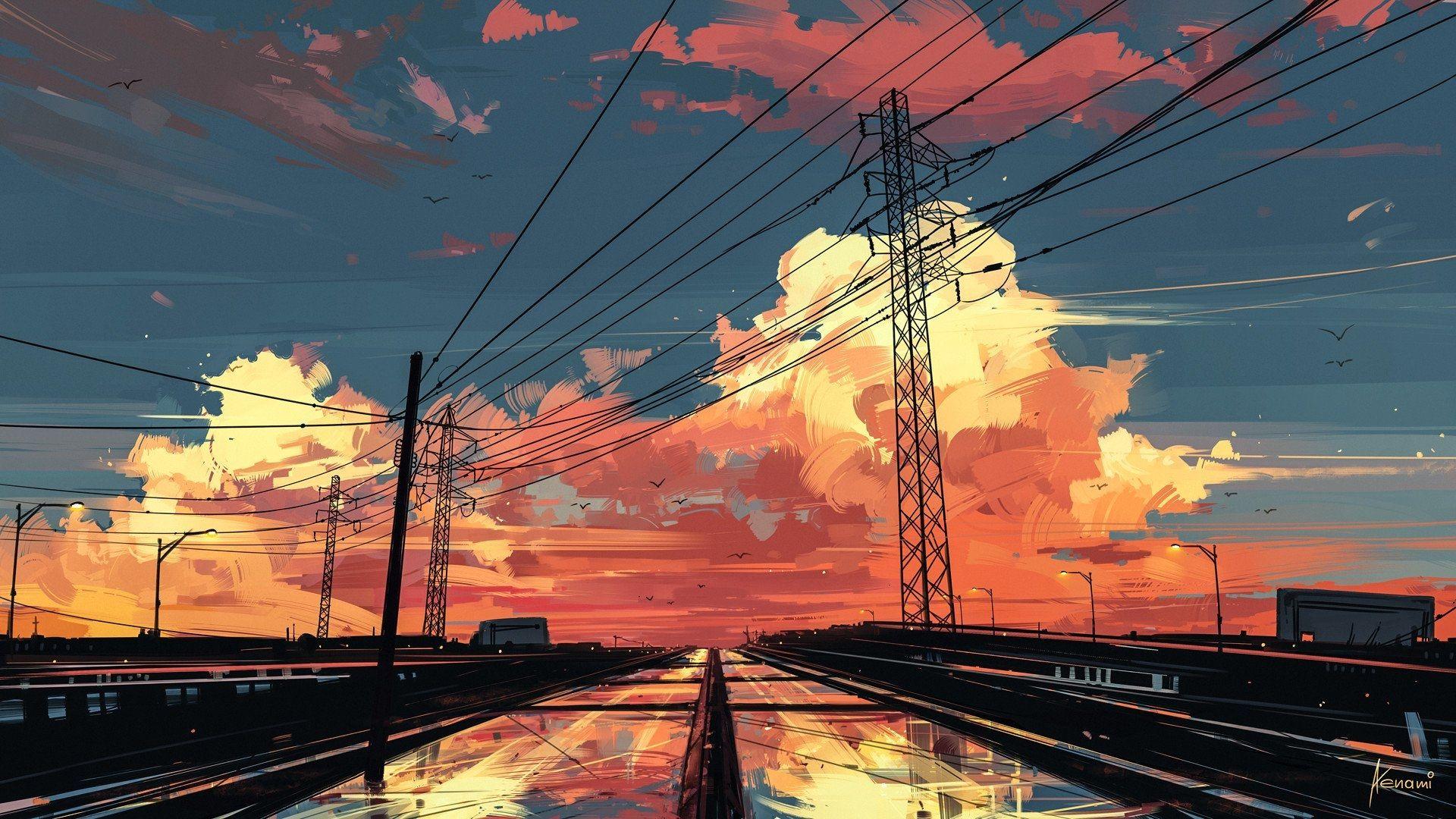 1920x1080 Download 1920x1080 Anime Landscape, Sunset, Sky, Painting, Scenic Wallpaper for Widescreen