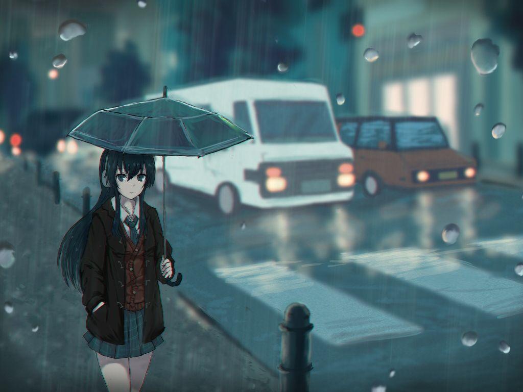 1024x768 Umbrella And Rain Anime Wallpaper