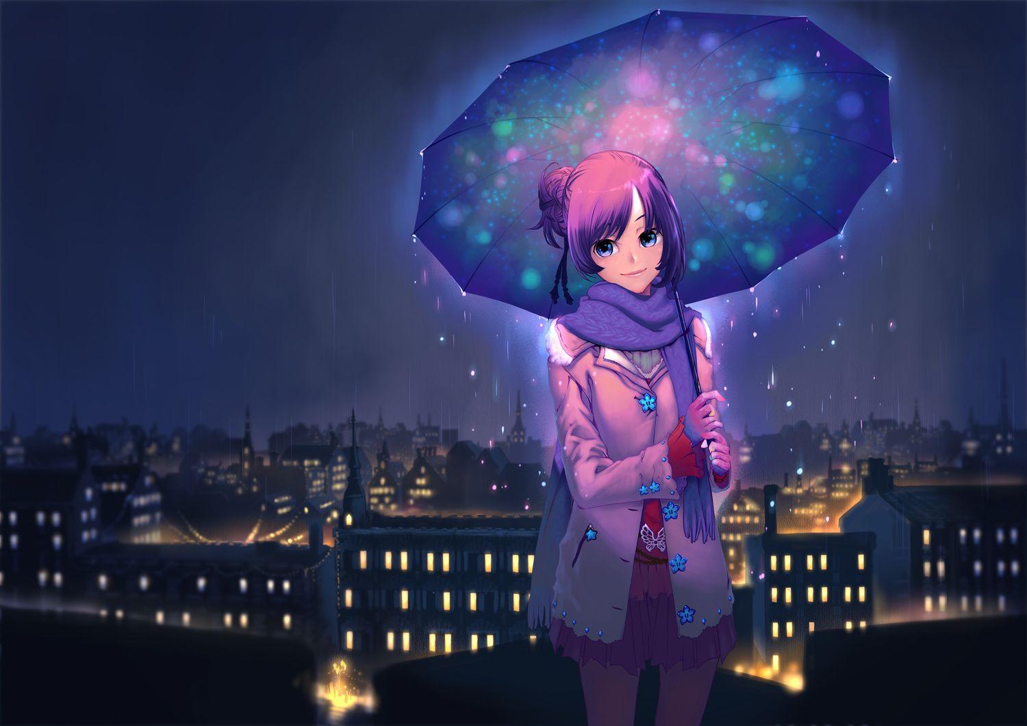 1500x1061 Wallpaper anime, Umbrella, city, night .