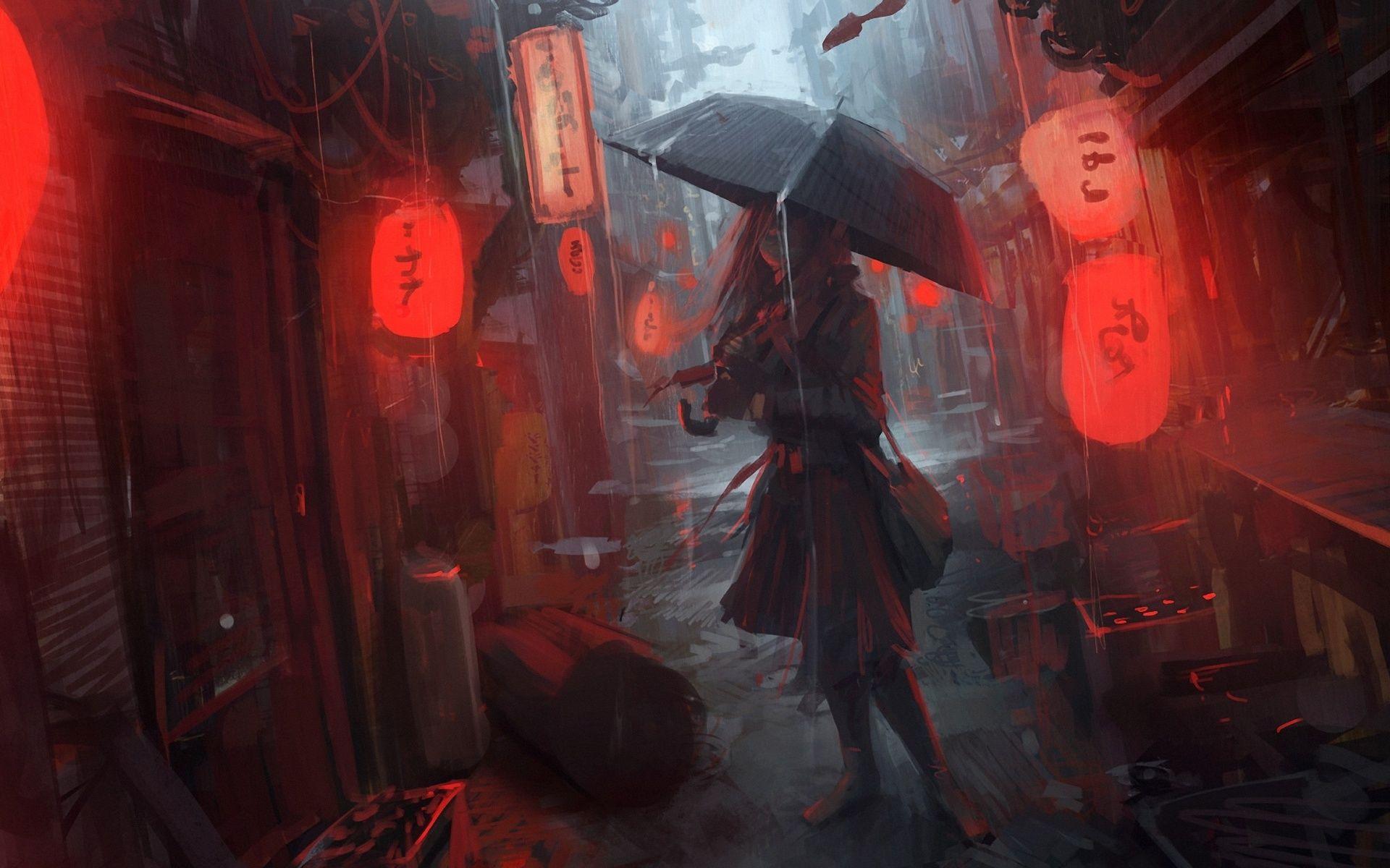 1920x1200 Anime Girls Rain Street Umbrella