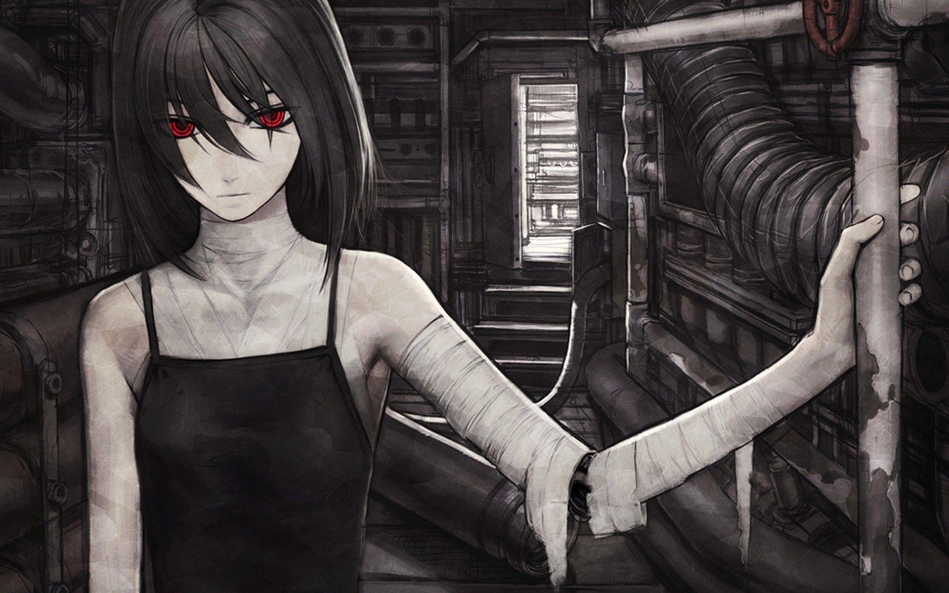 1920x1200 Anime Girls Artwork Cyborgs Dark Horror Iwai Ryo Red Cute Anime Girl HD Wallpaper