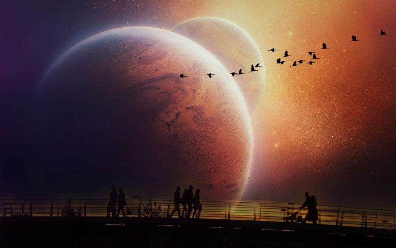 1280x804 People Walking Evening Planets
