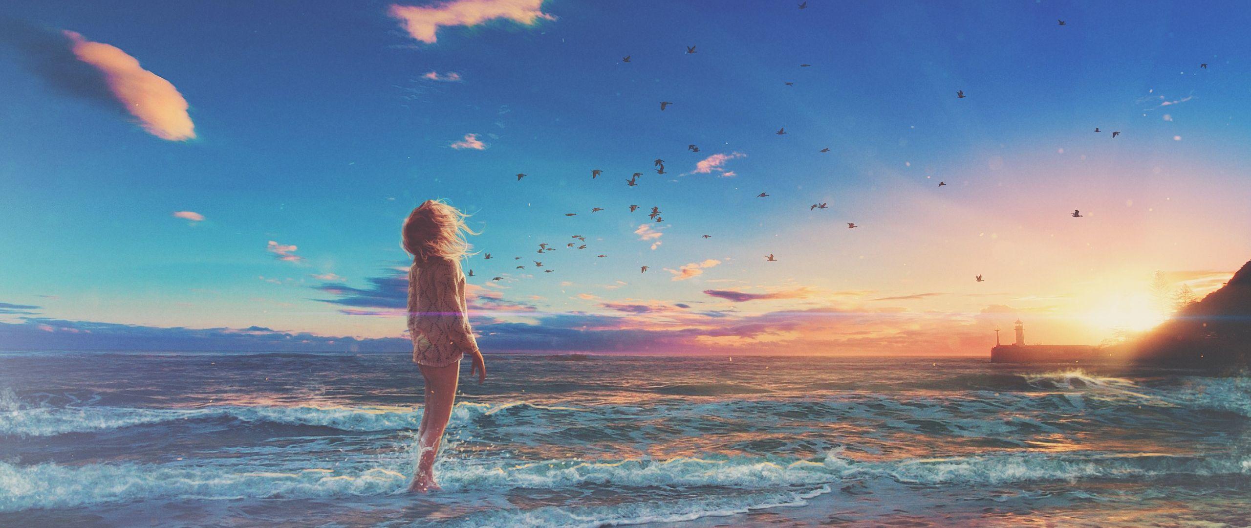 2560x1080 Desktop Wallpaper Girl At Beach, Sunset .