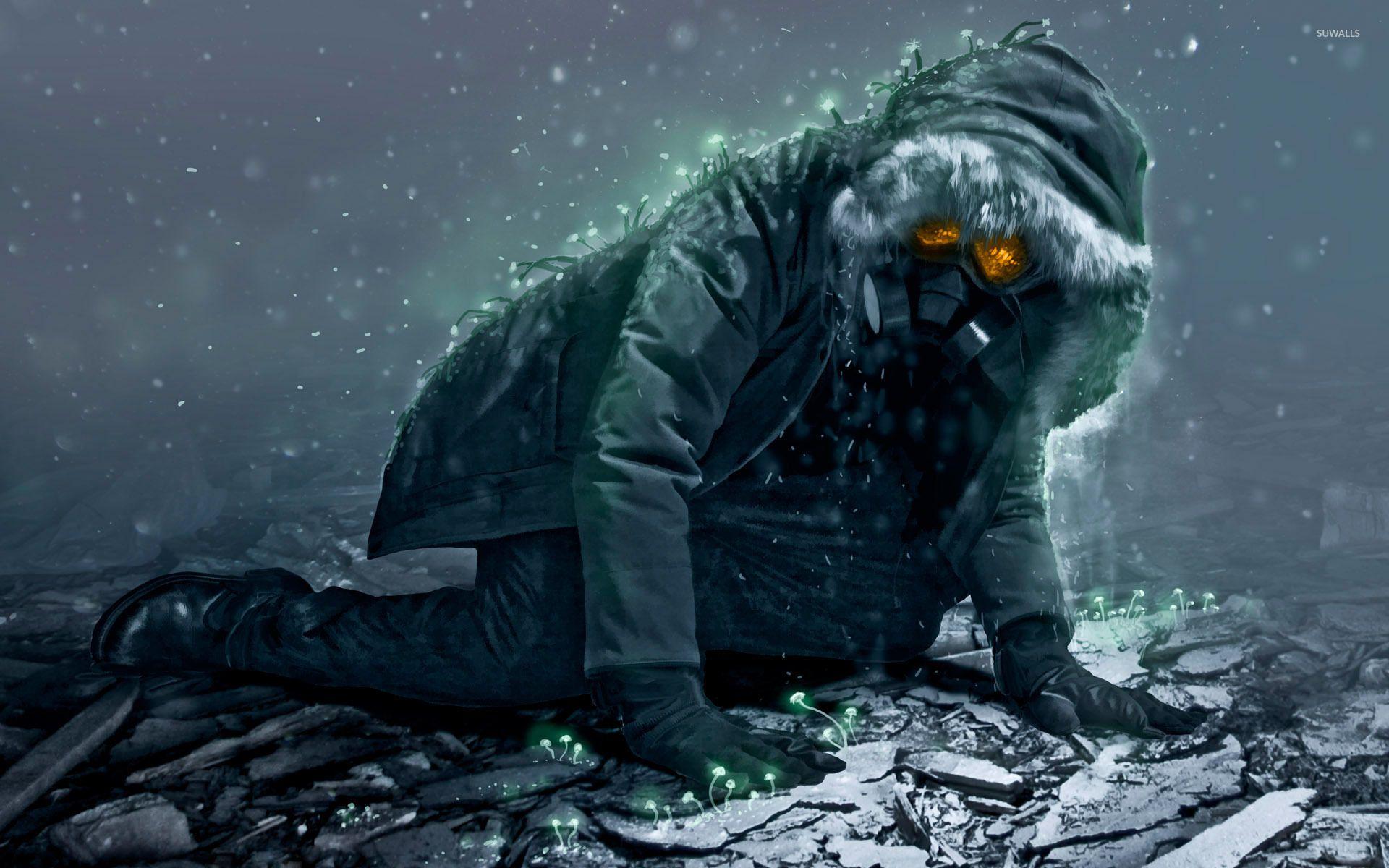 1920x1200 Man with a gas mask crawling wallpaper .