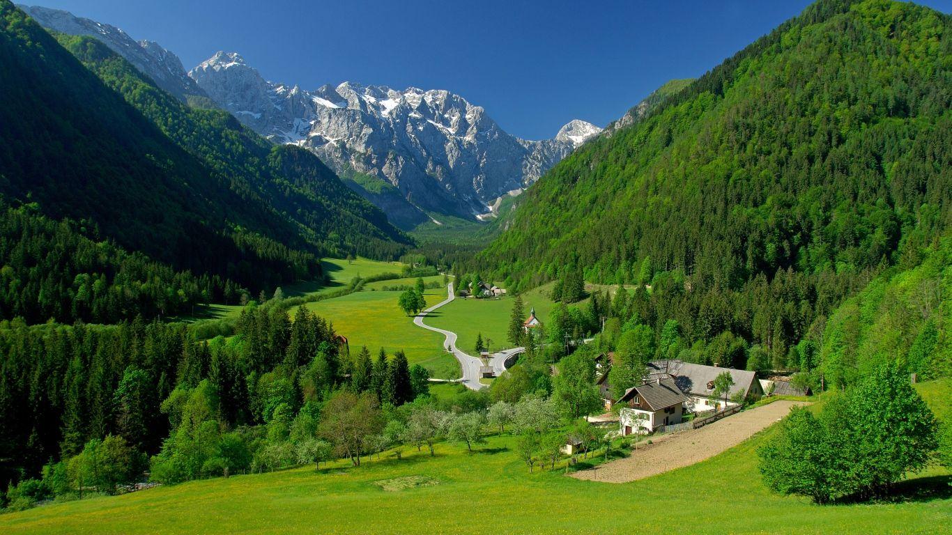 1366x768 Download HD Green Field Spring Alpine Valley Landscape Mountains