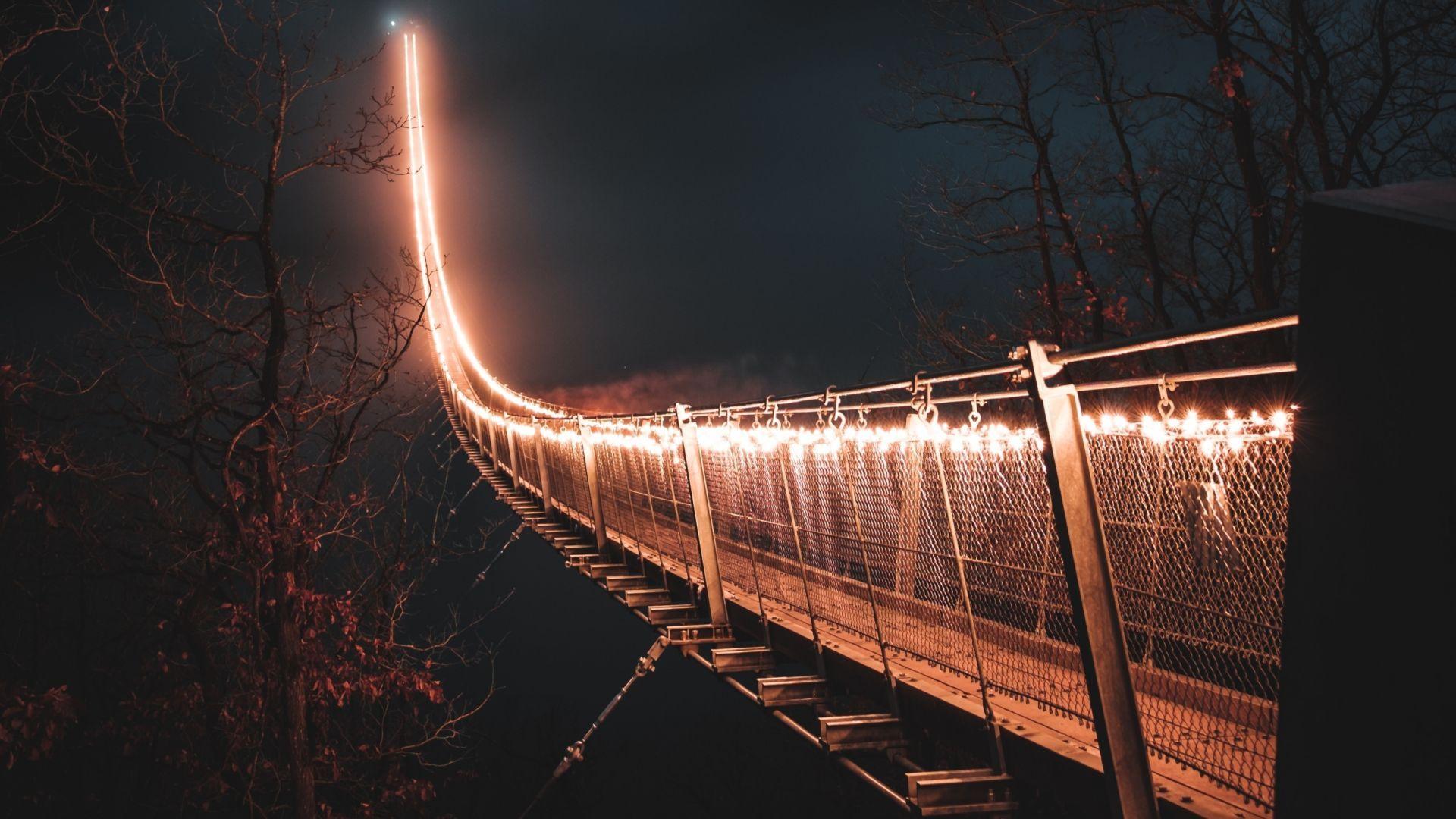 1920x1080 lights on bridge, hanging bridge, night .