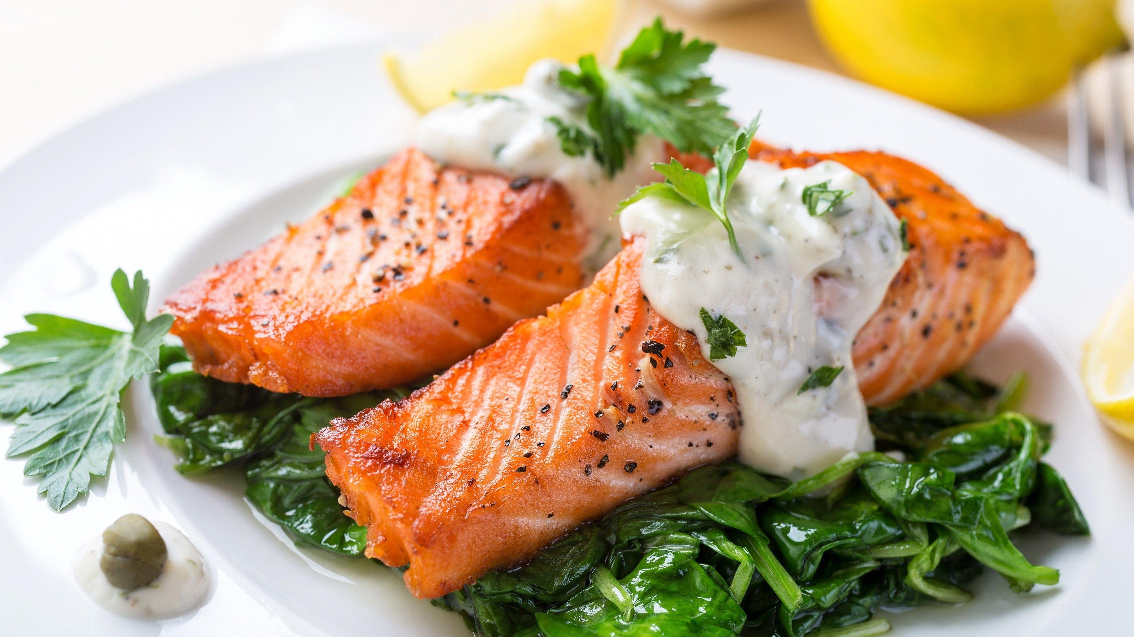 3840x2160 #fish, #Grilled Salmon, #food .