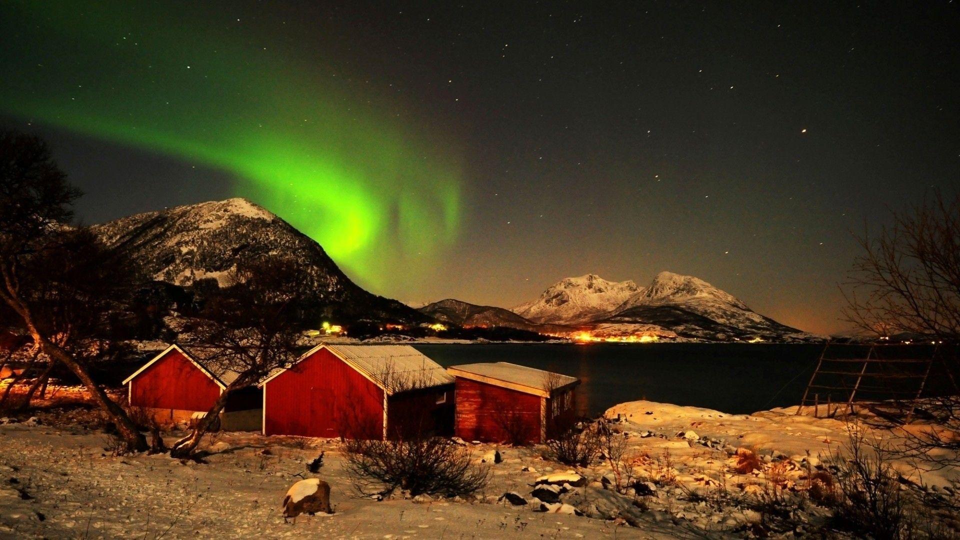 1920x1080 Sky: Village Northern Nature Sky Lake Art Aurora Borealis Night