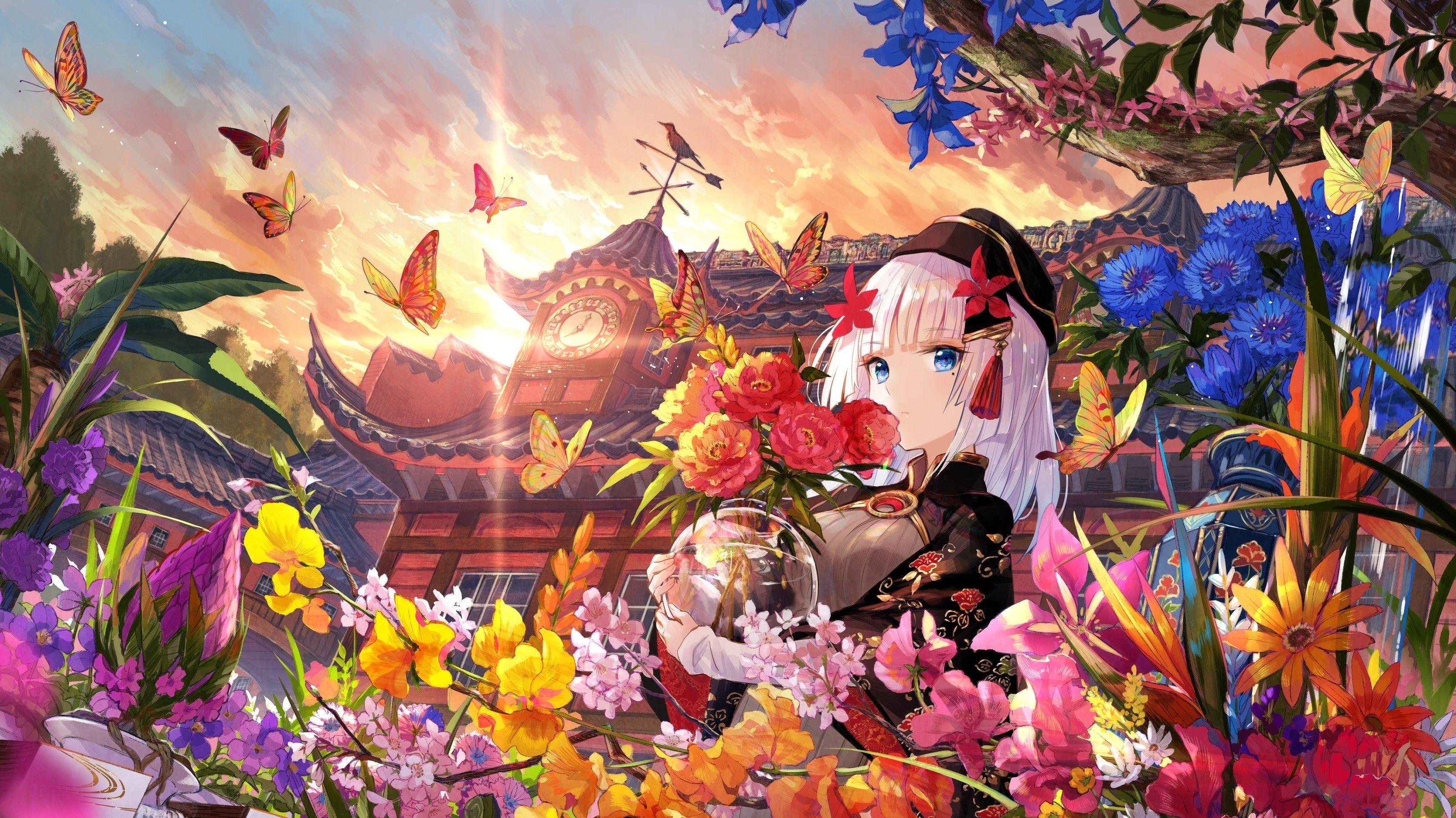 3425x1924 Download 3425x1924 Botanical Garden, Anime Girl, Butterflies, Blue Eyes, Colorful Flowers Wallpaper