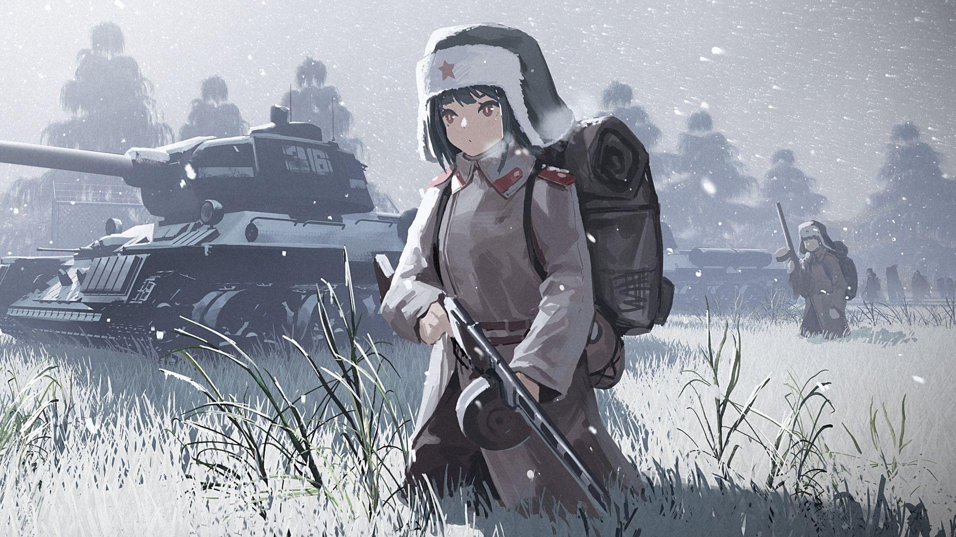 1920x1080 war, solider, anime girl, art .