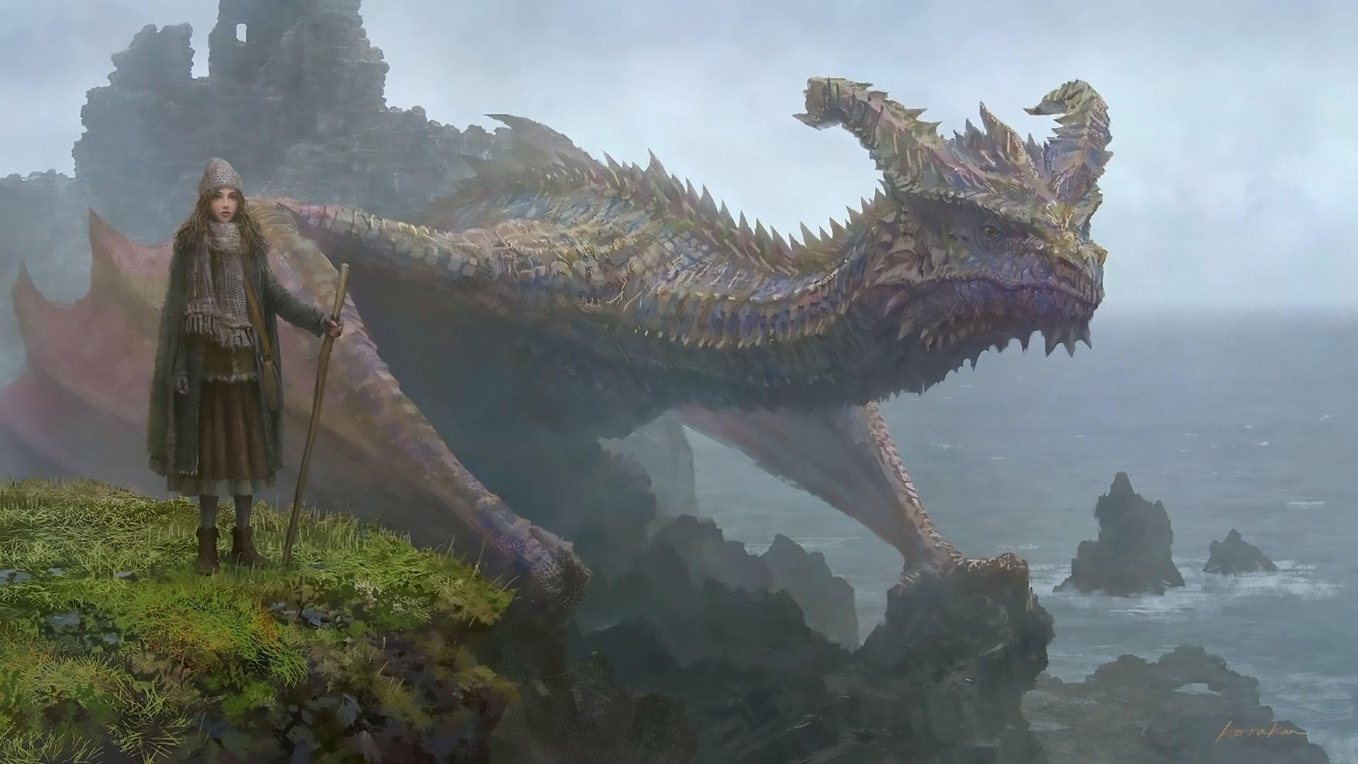 1920x1080 Fantasy Big Dragon Is Standing Near A Cute Girl HD Dreamy Wallpaper
